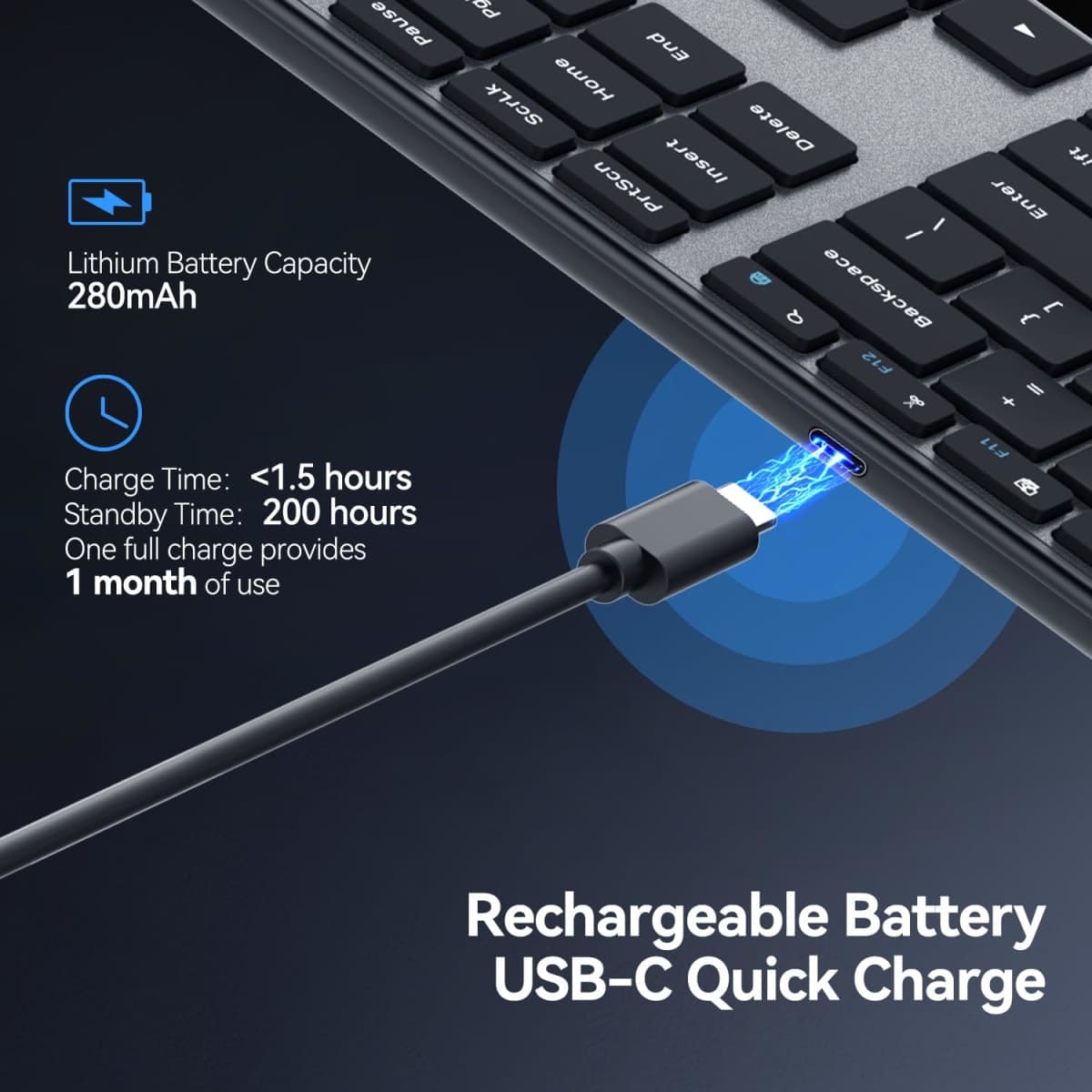 AUSDOM 2.4G Wireless Bluetooth Keyboard Full Size, Quiet Slim Multi-Device Rechargeable Cordless QWERTY Keyboard with Number Pad, Low Profile Silent Flat Universal Keyboards for Computer/Mac/Windows thumbnail 5