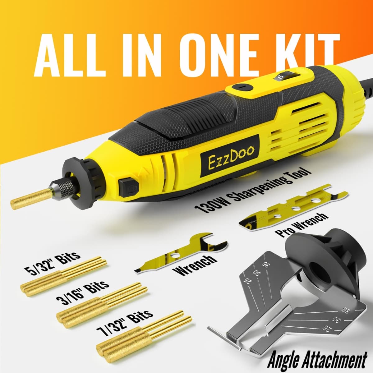 EzzDoo 3 in 1 Electric Chainsaw Sharpener Kit with Titanium Coated Chainsaw Files High Speed Chainsaw Sharpener Electric Tool and 4 Sizes High Hardness Diamond Sharpening Wheels Accessories thumbnail 2
