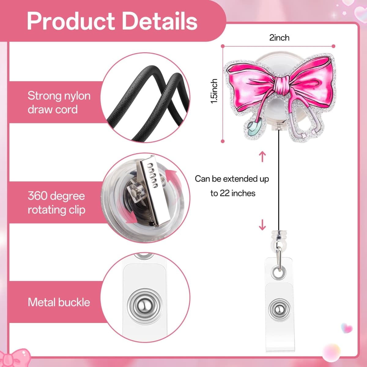 Pink Bow Nursing Badge Reel for Id Card Badge Retractable Nurse Student Badge Reel Holer Healthcare Badge Reel for Nurse Nursing Student Nurse Gifts for Women thumbnail 2