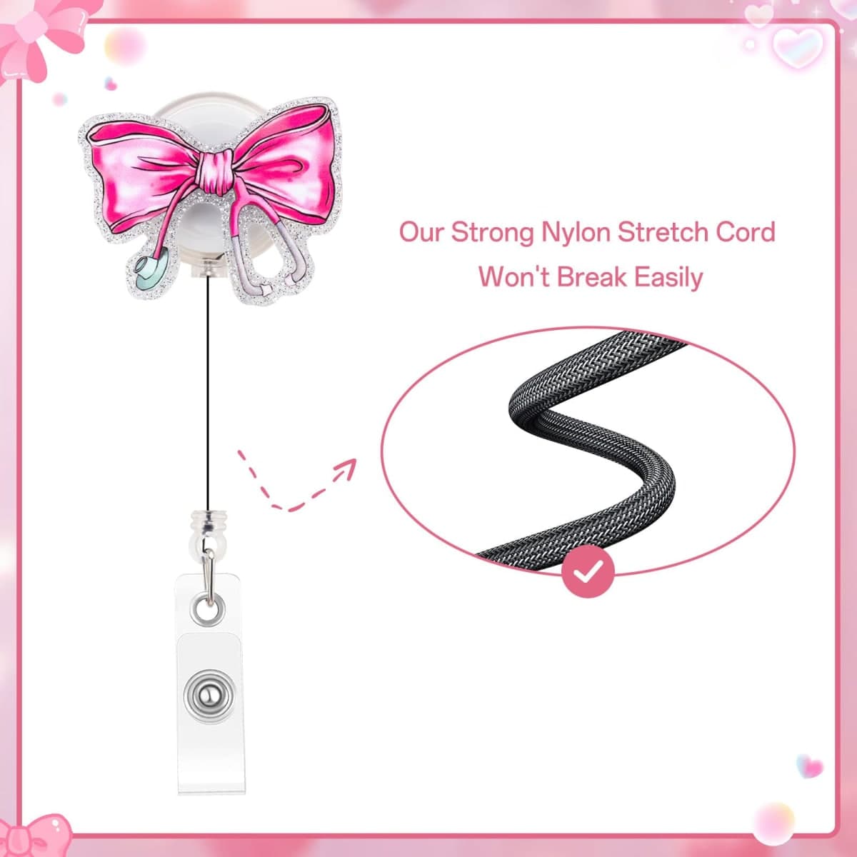 Pink Bow Nursing Badge Reel for Id Card Badge Retractable Nurse Student Badge Reel Holer Healthcare Badge Reel for Nurse Nursing Student Nurse Gifts for Women thumbnail 3