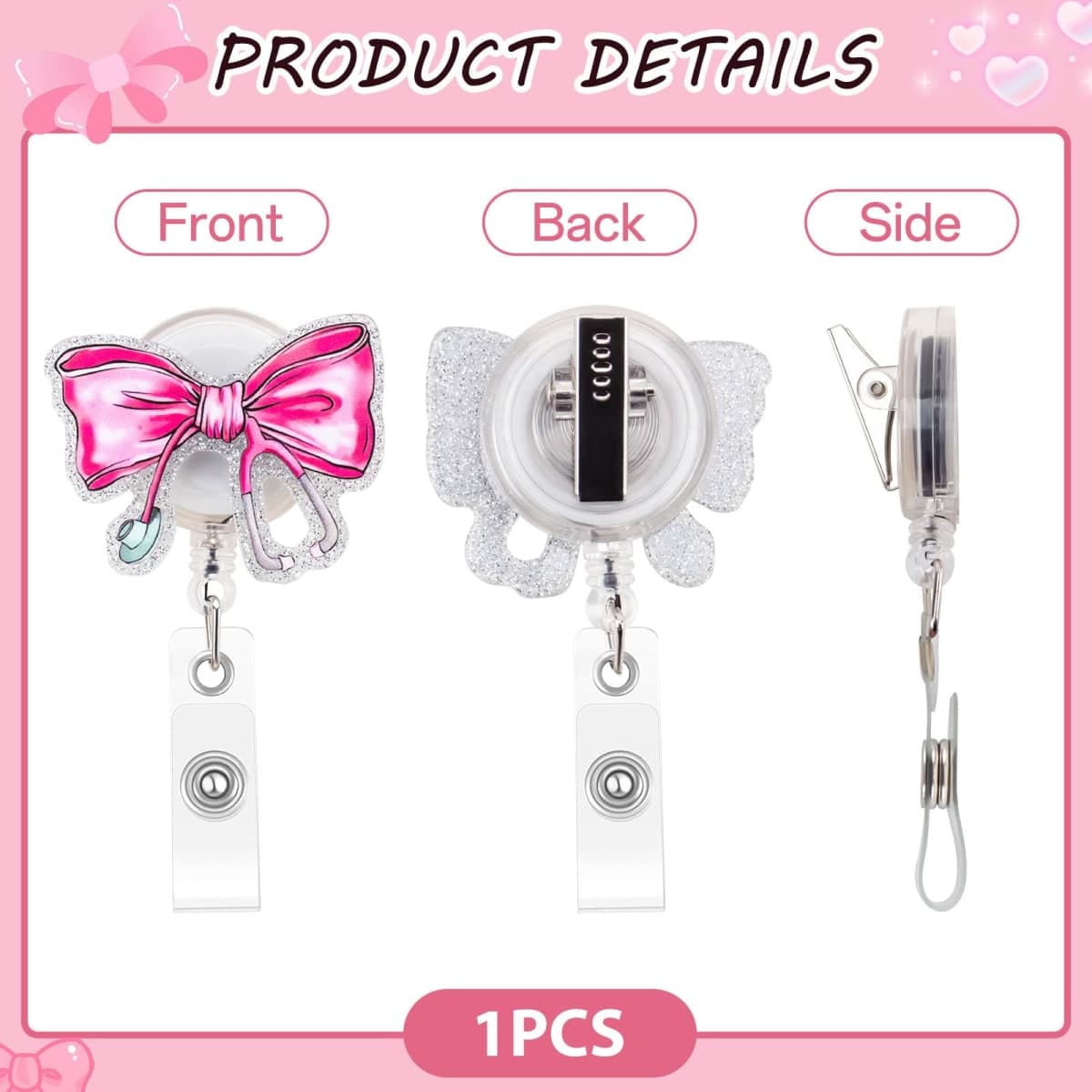 Pink Bow Nursing Badge Reel for Id Card Badge Retractable Nurse Student Badge Reel Holer Healthcare Badge Reel for Nurse Nursing Student Nurse Gifts for Women thumbnail 4