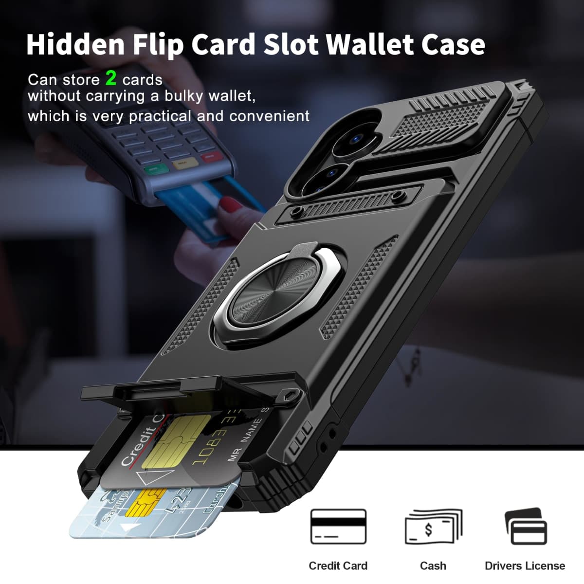 Vofolen for Boost Mobile Celero 5G 2024 (3rd Version) Case with Card Holder [Store 2 Cards] + 360° Rotated Kickstand Dual Layer Heavy Duty Shockproof Wallet Phone Case for Celero 3 5G 2024, Black thumbnail 2