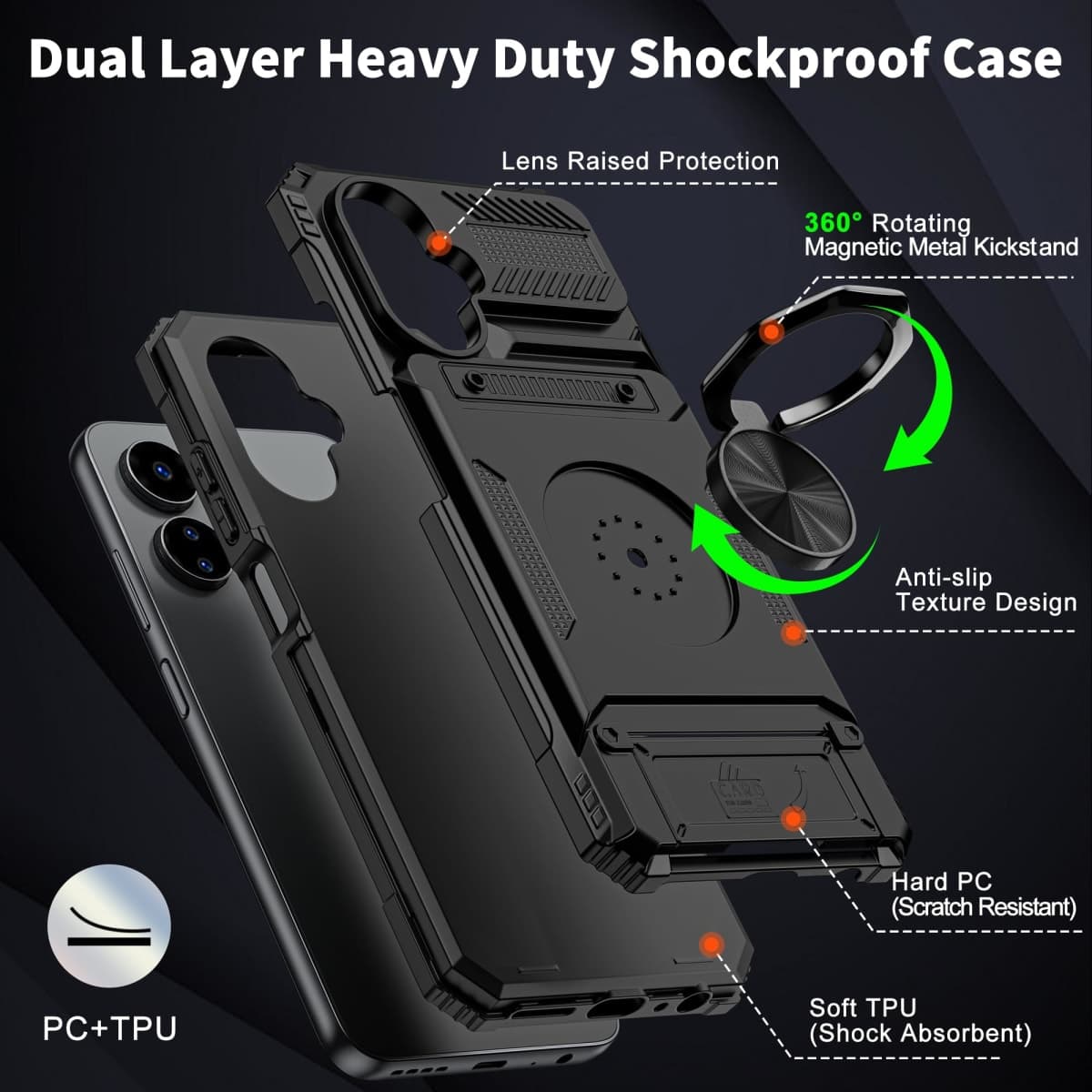 Vofolen for Boost Mobile Celero 5G 2024 (3rd Version) Case with Card Holder [Store 2 Cards] + 360° Rotated Kickstand Dual Layer Heavy Duty Shockproof Wallet Phone Case for Celero 3 5G 2024, Black thumbnail 3
