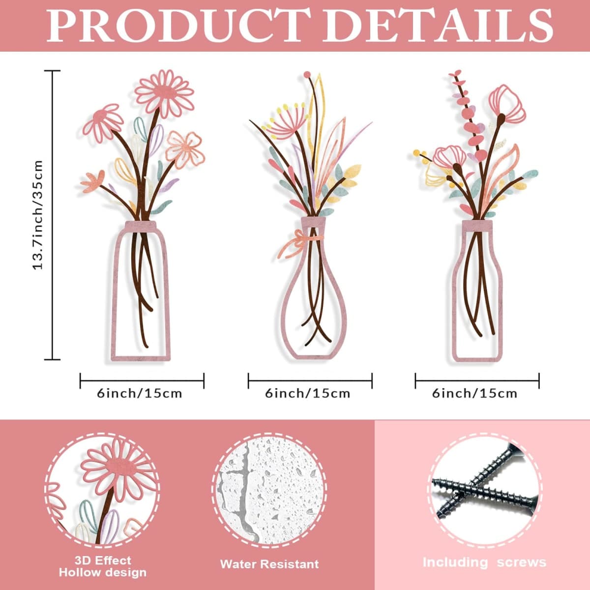 3 Pieces Metal Flowers Wall Arts - Rustic Farmhouse Style Décor Metal Wall Art Black Minimalist Flower Natural Themed Wall Decors for Home Bedroom Dining Room Housewarming (Pinkish) thumbnail 2
