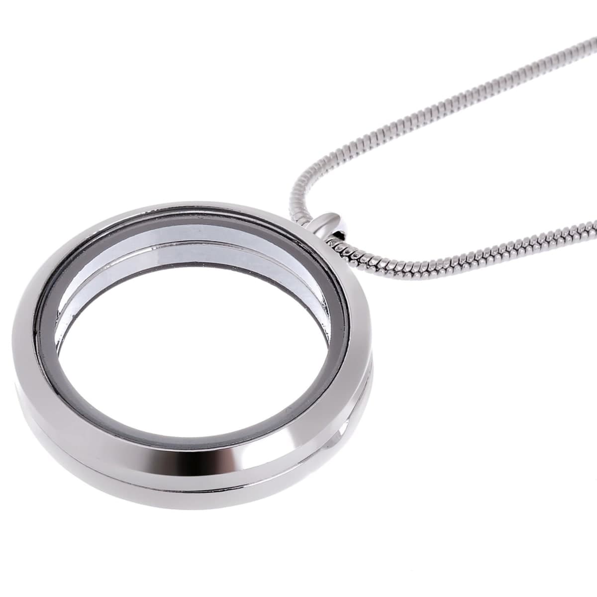RUBYCA Living Memory Round Locket Snake Chain Necklace Crystal Floating Charm DIY Silver Tone 1Pcs thumbnail 2