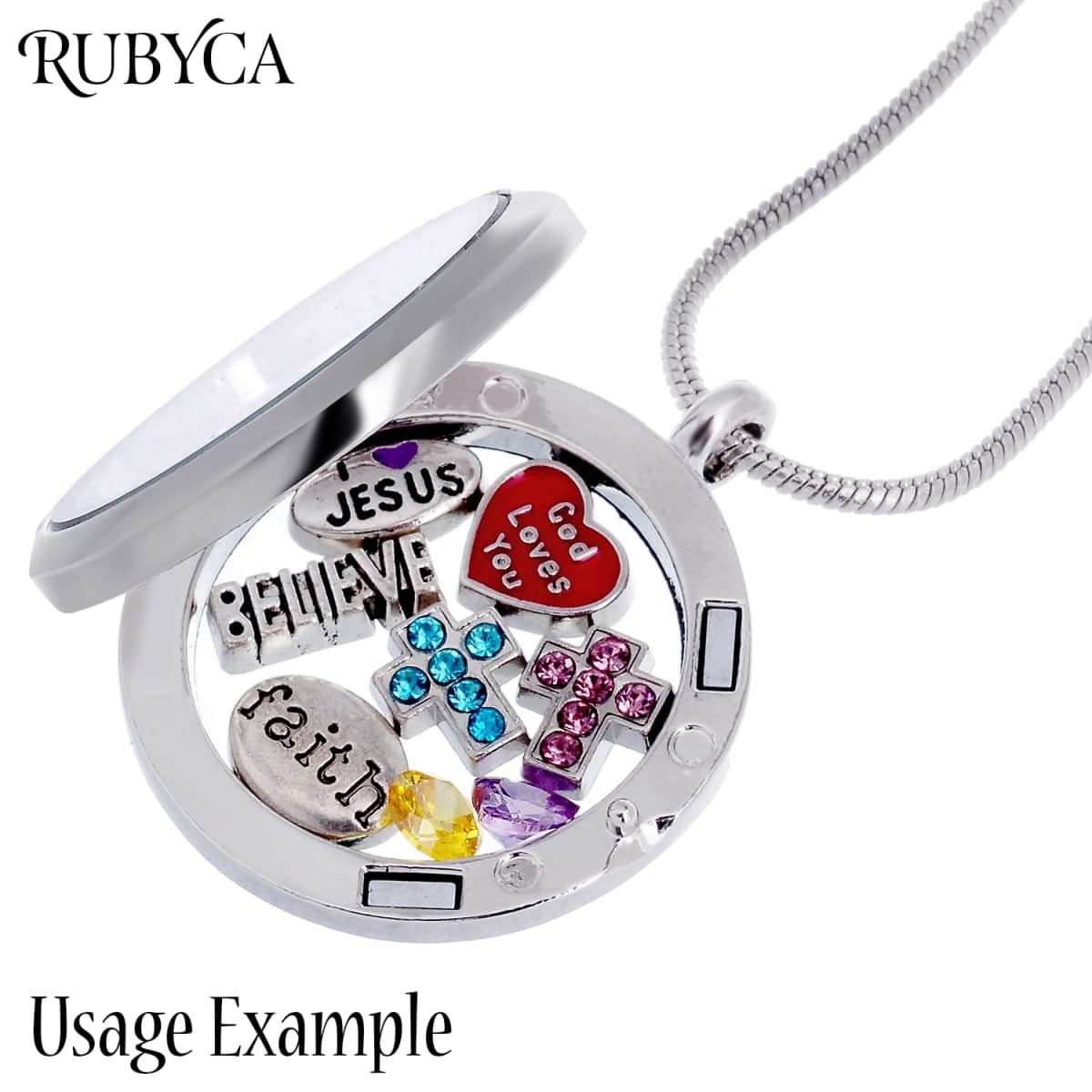 RUBYCA Living Memory Round Locket Snake Chain Necklace Crystal Floating Charm DIY Silver Tone 1Pcs thumbnail 5