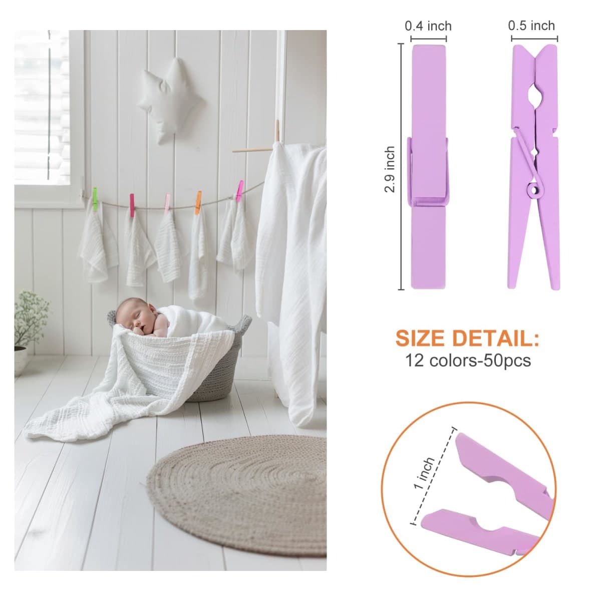 Colored Clothes pins 12 Color, Colorful ClothesPins Wooden Clips for Photos Pictures Decorative Crafts, Decoration clothespins Clothing Hanging clothespins 2.9inch 36PCS (Rainbow Colors) thumbnail 4