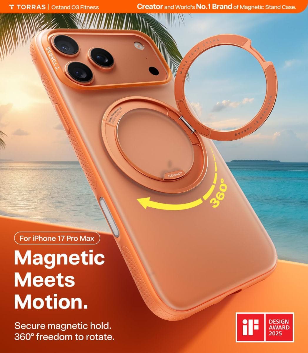 TORRAS 360 Magnetic Stand for iPhone 17 Pro Max Case, [Fit for MagSafe] [Military-Grade Protection] Translucent Slim Case for iPhone 17 Pro Max 6.9" 2025, Comic Orange, Ostand O3 Fitness Series thumbnail 2