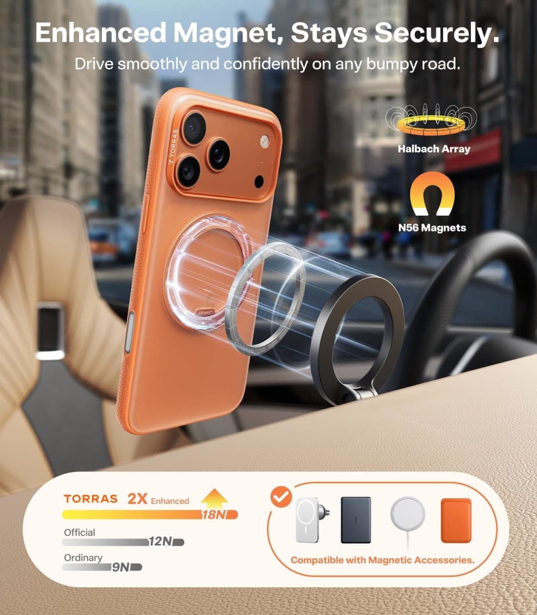 TORRAS 360 Magnetic Stand for iPhone 17 Pro Max Case, [Fit for MagSafe] [Military-Grade Protection] Translucent Slim Case for iPhone 17 Pro Max 6.9" 2025, Comic Orange, Ostand O3 Fitness Series thumbnail 3
