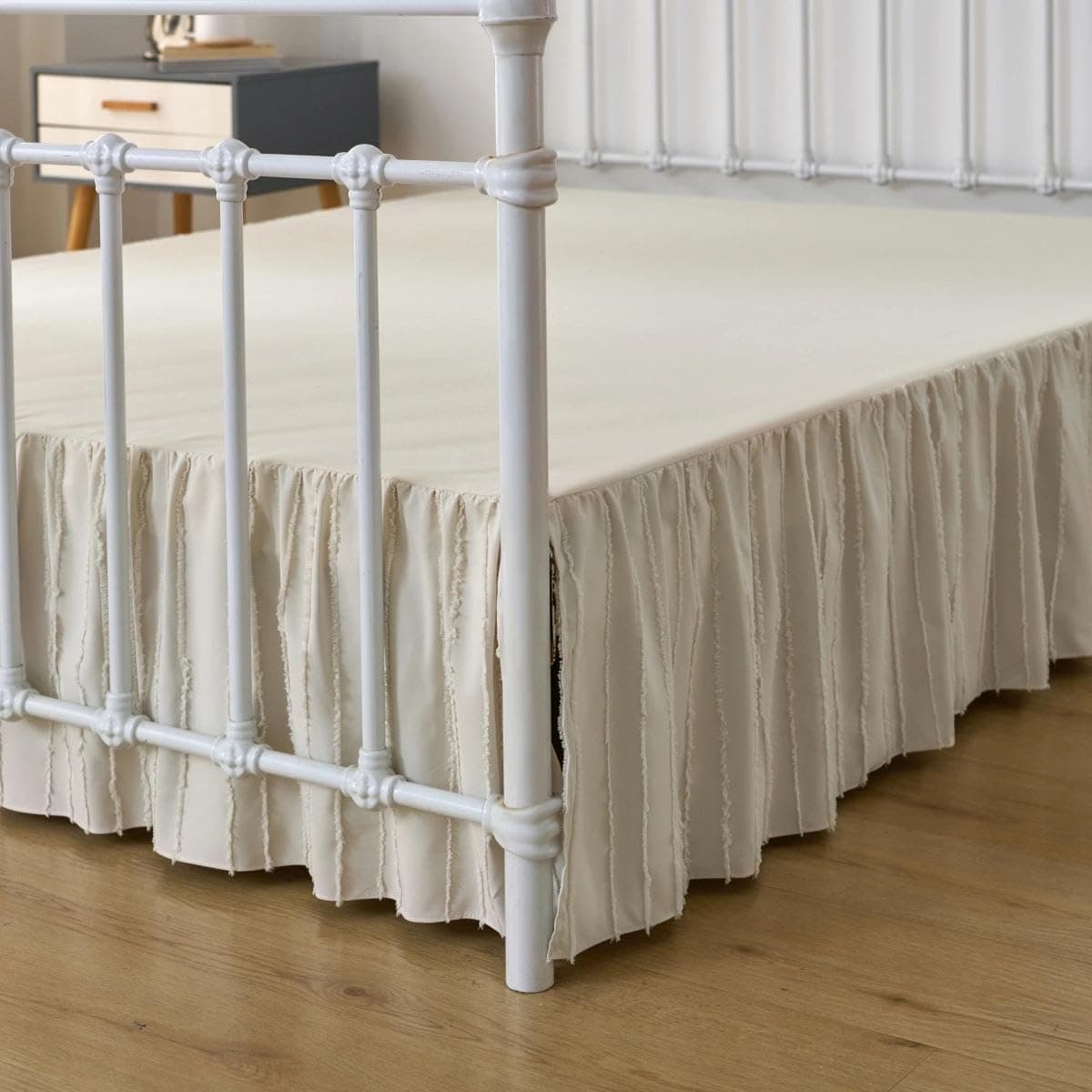 Bed Skirt King Size, Ruffled Bed Skirt with Split Corners, King Bed Skirts 16 Inch Drop Boho Ruffle Bed Skirts with Platform, Striped, Cream (King - 16" Drop) — image 1