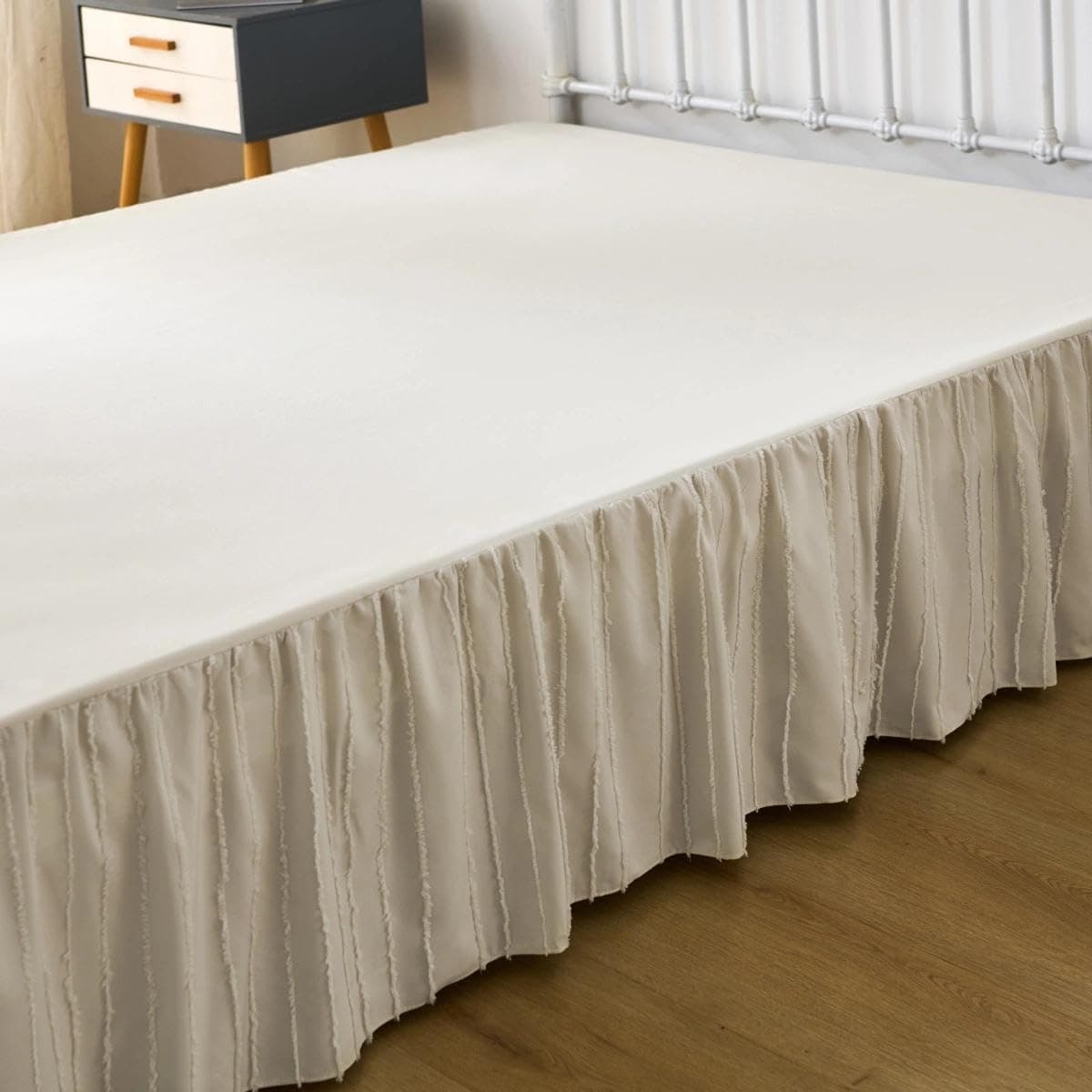 Bed Skirt King Size, Ruffled Bed Skirt with Split Corners, King Bed Skirts 16 Inch Drop Boho Ruffle Bed Skirts with Platform, Striped, Cream (King - 16" Drop) thumbnail 2