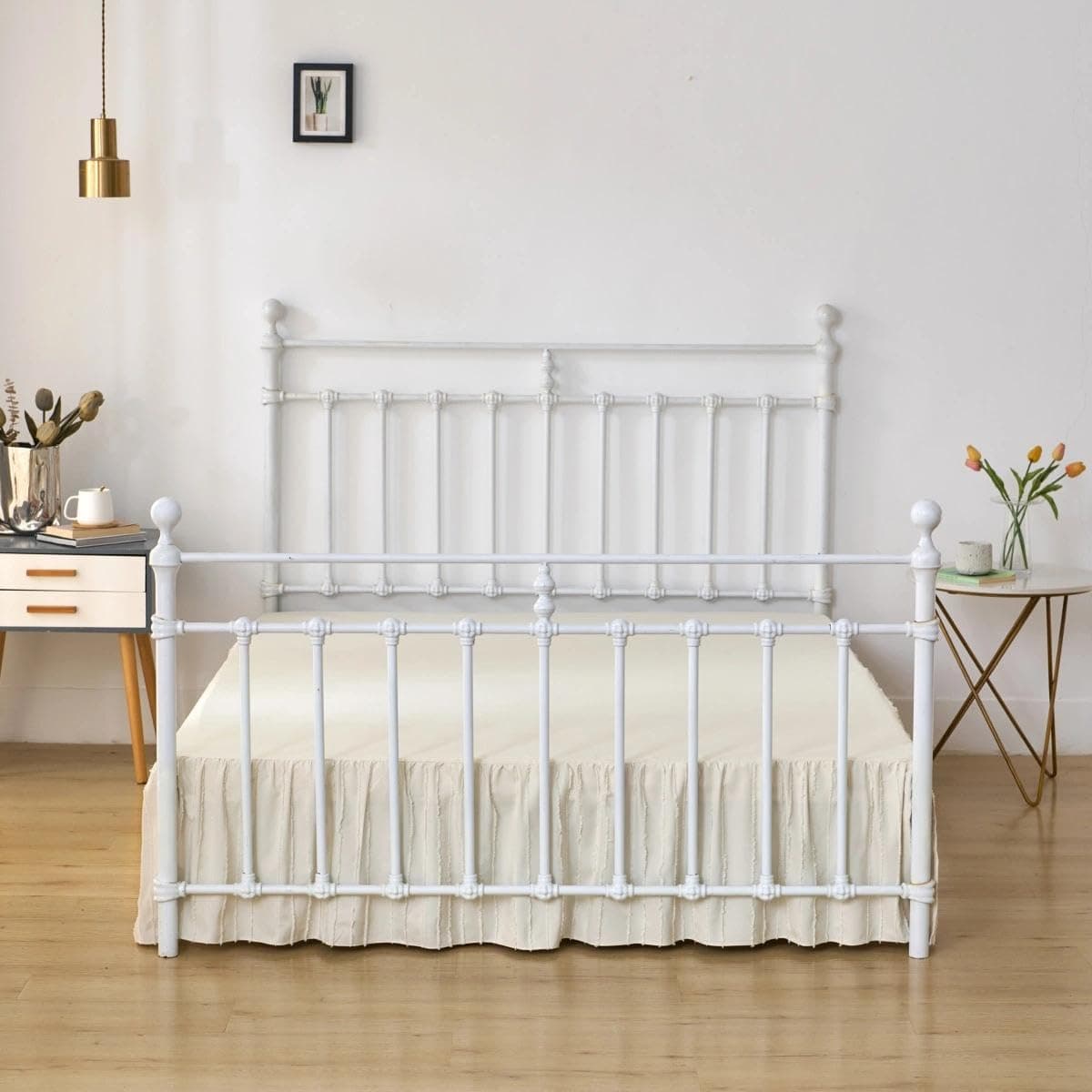 Bed Skirt King Size, Ruffled Bed Skirt with Split Corners, King Bed Skirts 16 Inch Drop Boho Ruffle Bed Skirts with Platform, Striped, Cream (King - 16" Drop) thumbnail 3