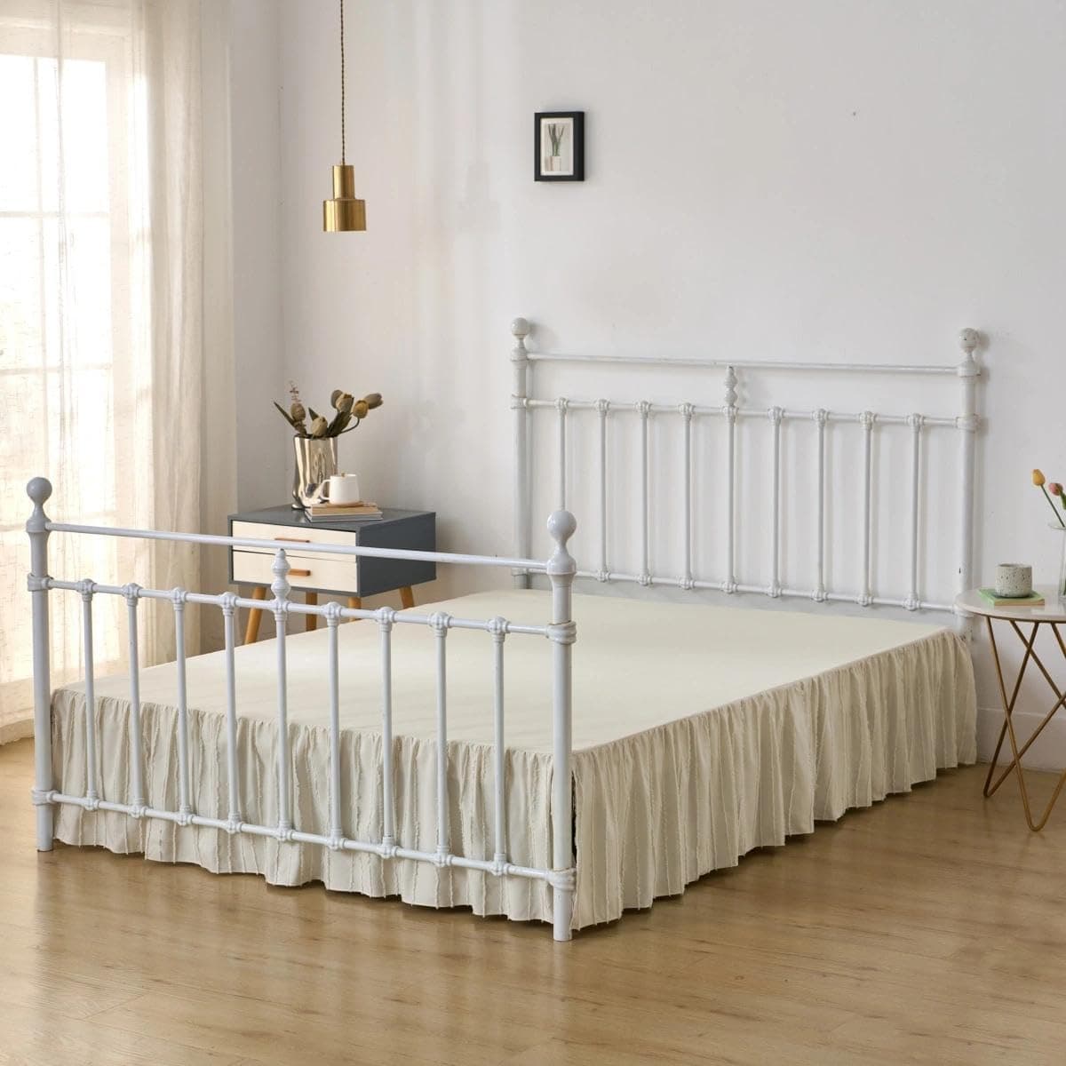 Bed Skirt King Size, Ruffled Bed Skirt with Split Corners, King Bed Skirts 16 Inch Drop Boho Ruffle Bed Skirts with Platform, Striped, Cream (King - 16" Drop) thumbnail 4