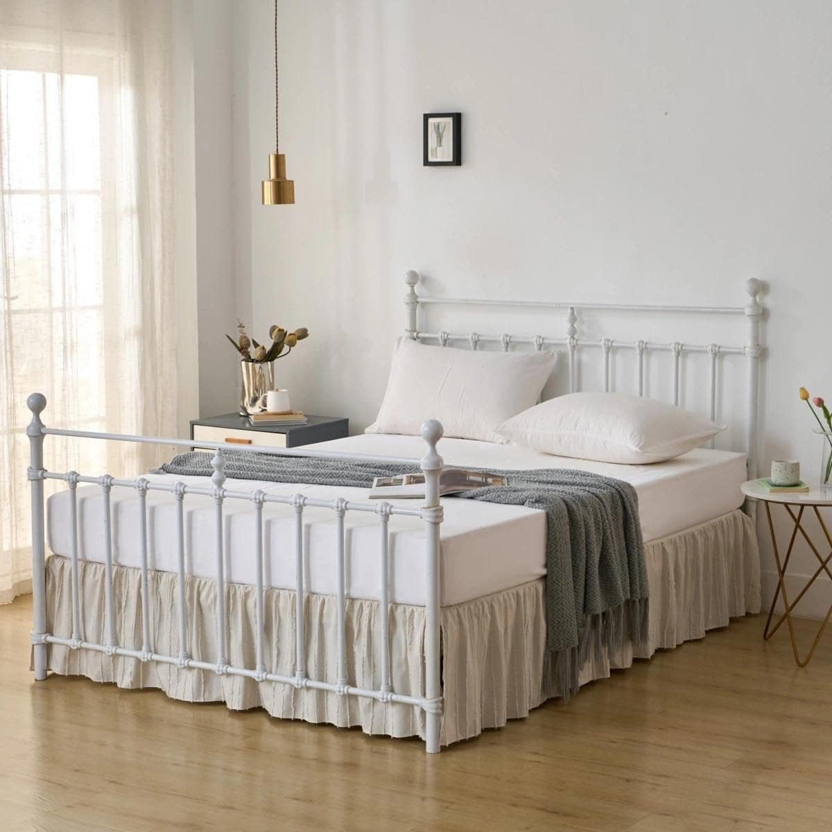 Bed Skirt King Size, Ruffled Bed Skirt with Split Corners, King Bed Skirts 16 Inch Drop Boho Ruffle Bed Skirts with Platform, Striped, Cream (King - 16" Drop) thumbnail 5