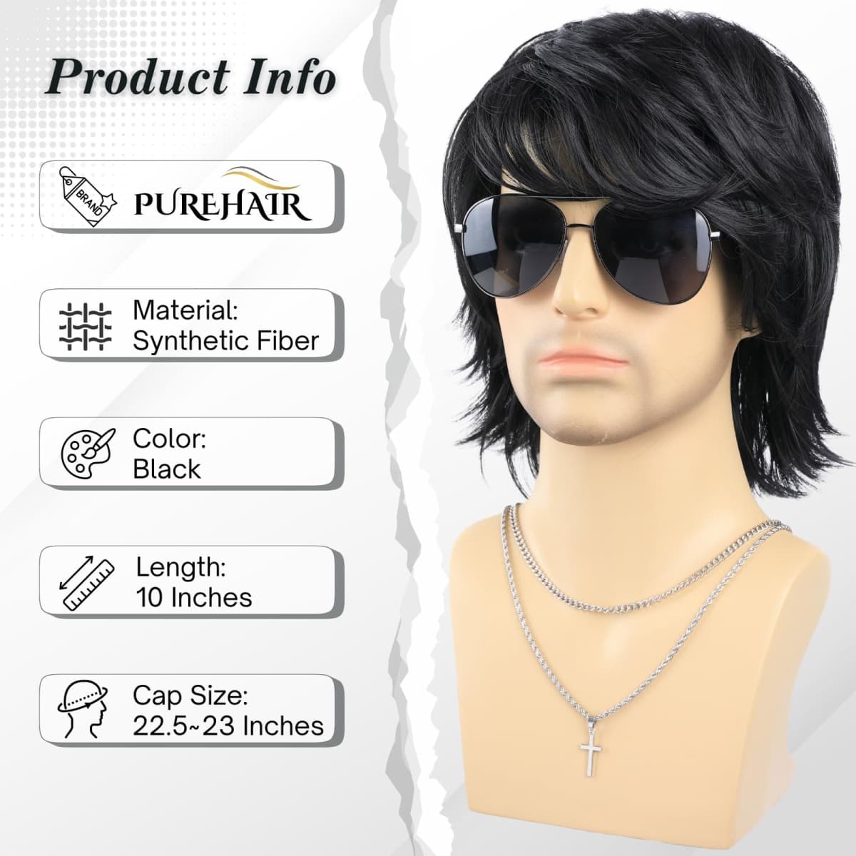 PUREHAIR Short Black Wigs for Men - 70s 80s Natural Fluffy Heat Resistant Synthetic Hair Wig for Cosplay, Daily Use, Themed Party and Halloween (Black) thumbnail 3