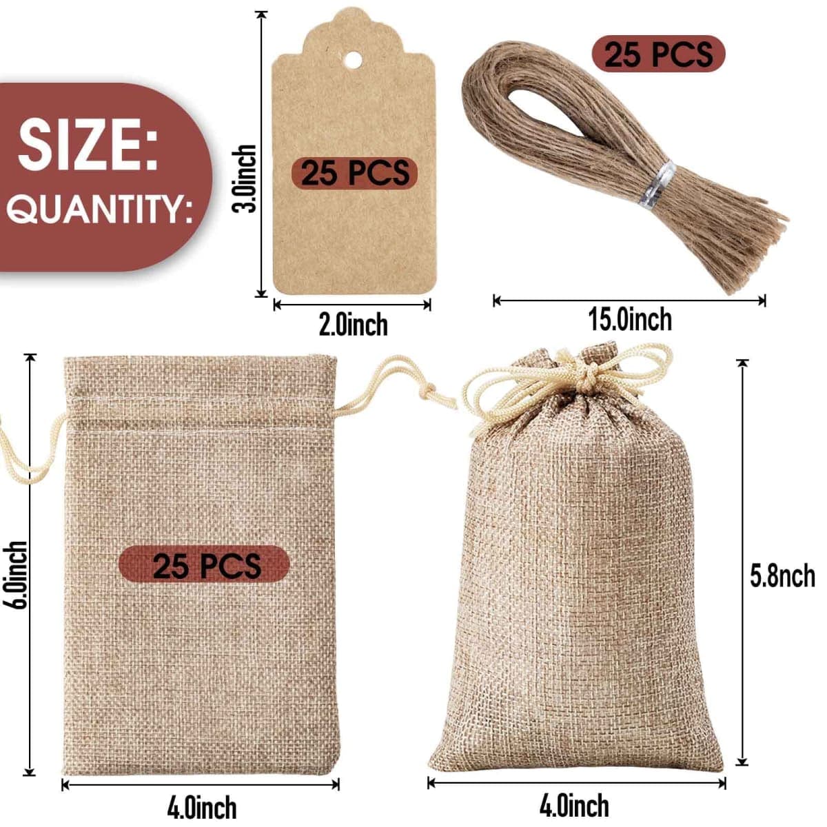 Homum 25Pcs Premium Burlap Gift Bags with Drawstring and 25Pcs Gift Tags & String, 4x6 Inch Reusable Gift Burlap Linen Sacks Bag for Wedding Favors Party Jewelry Pouches, Christmas, Coffee, DIY Craft thumbnail 2