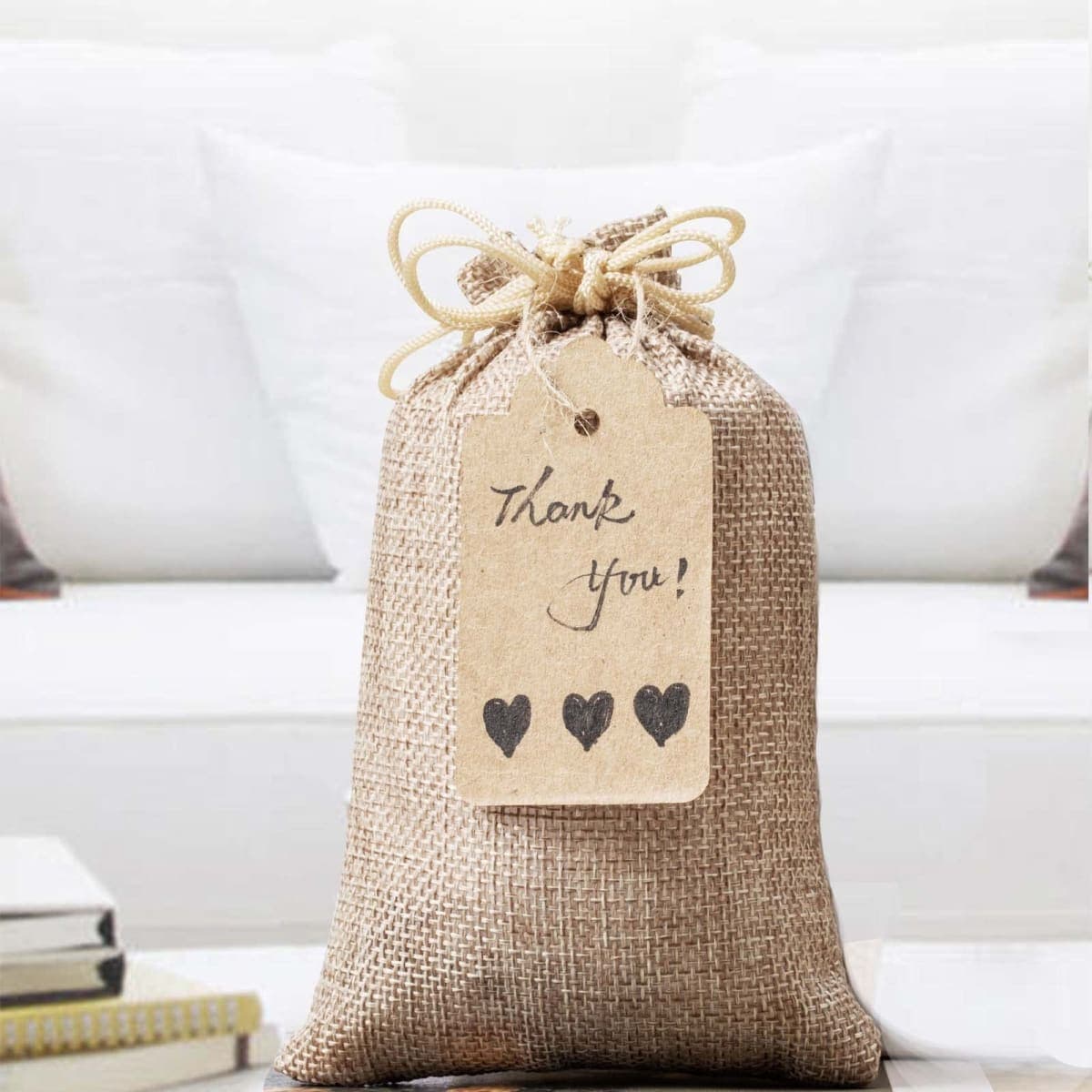 Homum 25Pcs Premium Burlap Gift Bags with Drawstring and 25Pcs Gift Tags & String, 4x6 Inch Reusable Gift Burlap Linen Sacks Bag for Wedding Favors Party Jewelry Pouches, Christmas, Coffee, DIY Craft thumbnail 4