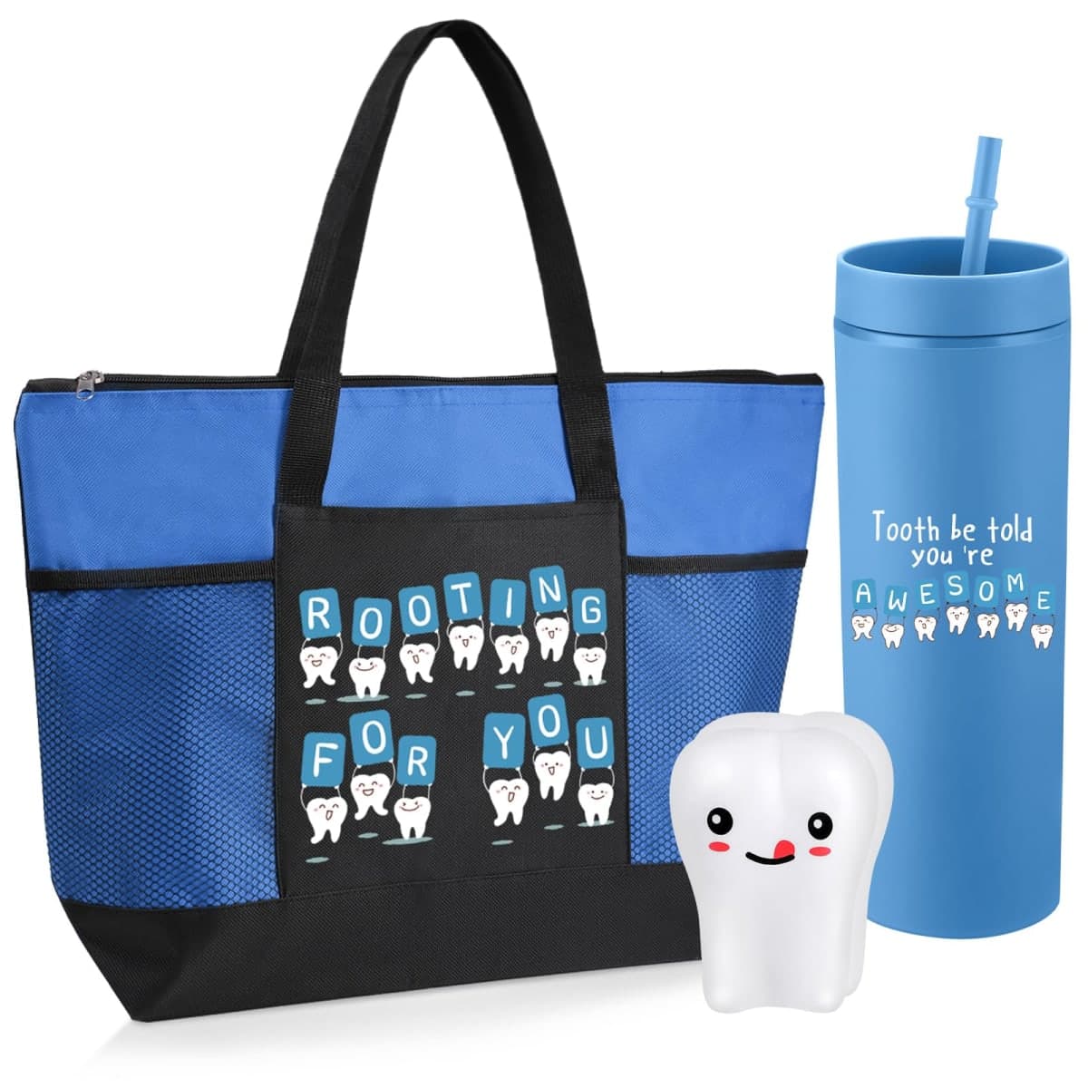 Dansydaisy 3 Pcs Dental Hygienist Gifts for Women Men Dental Assistant Gifts Inspirational Dentist Tote 16 oz Dentist Tumbler Teeth Stress Toy for Office Coworker Staff Employees Team(Blue) — image 1