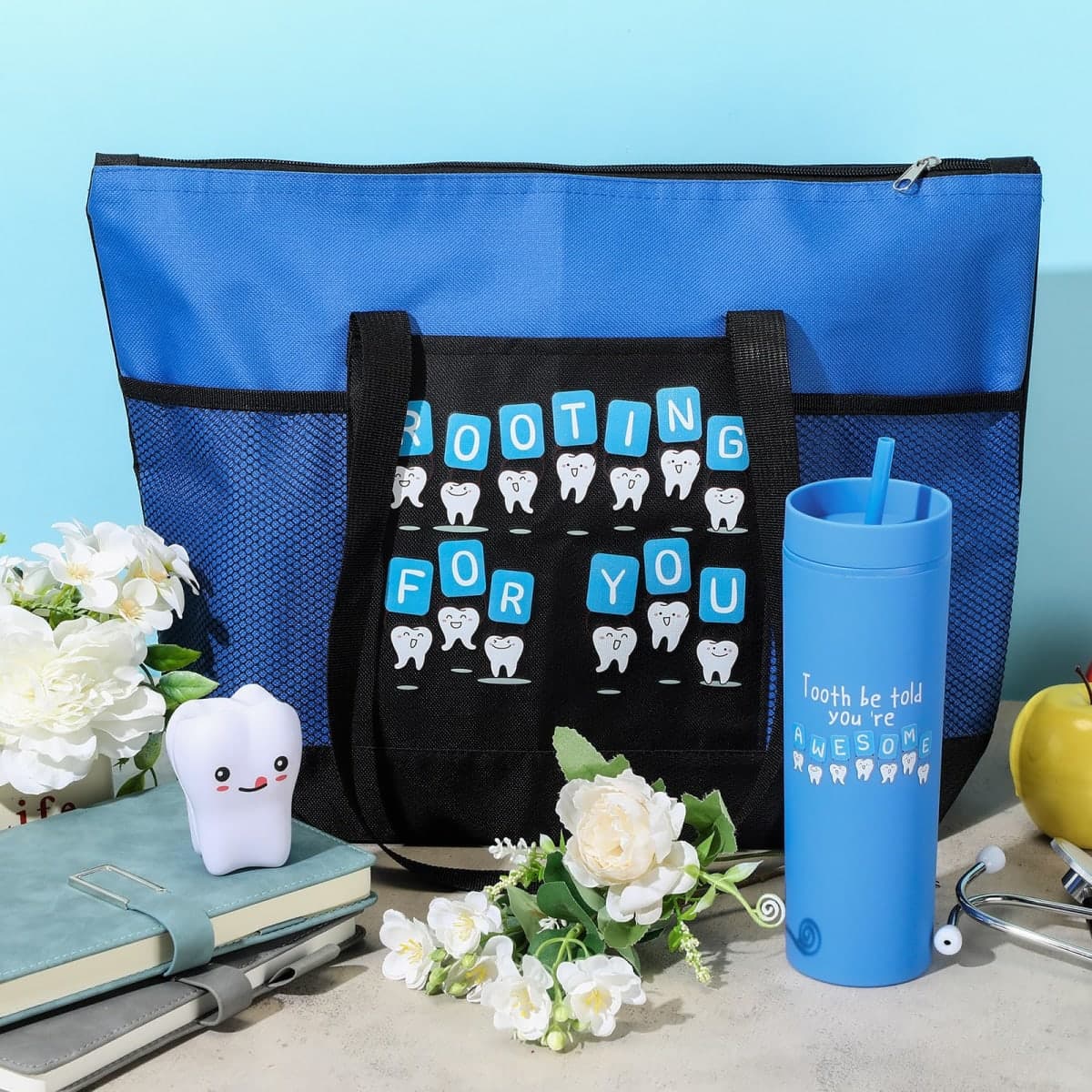 Dansydaisy 3 Pcs Dental Hygienist Gifts for Women Men Dental Assistant Gifts Inspirational Dentist Tote 16 oz Dentist Tumbler Teeth Stress Toy for Office Coworker Staff Employees Team(Blue) thumbnail 5