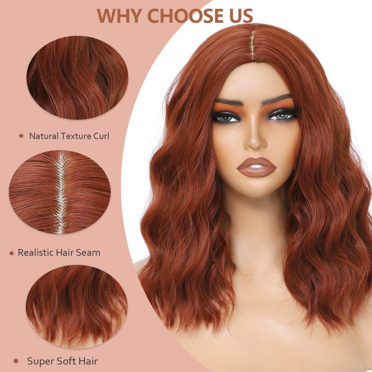 BEAUTIFA Auburn Wig for Women, Wavy Curly Auburn Bob Wigs Middle Part 14 Inch Shoulder Length Heat Resistant Synthetic Colorful Wig thumbnail 3