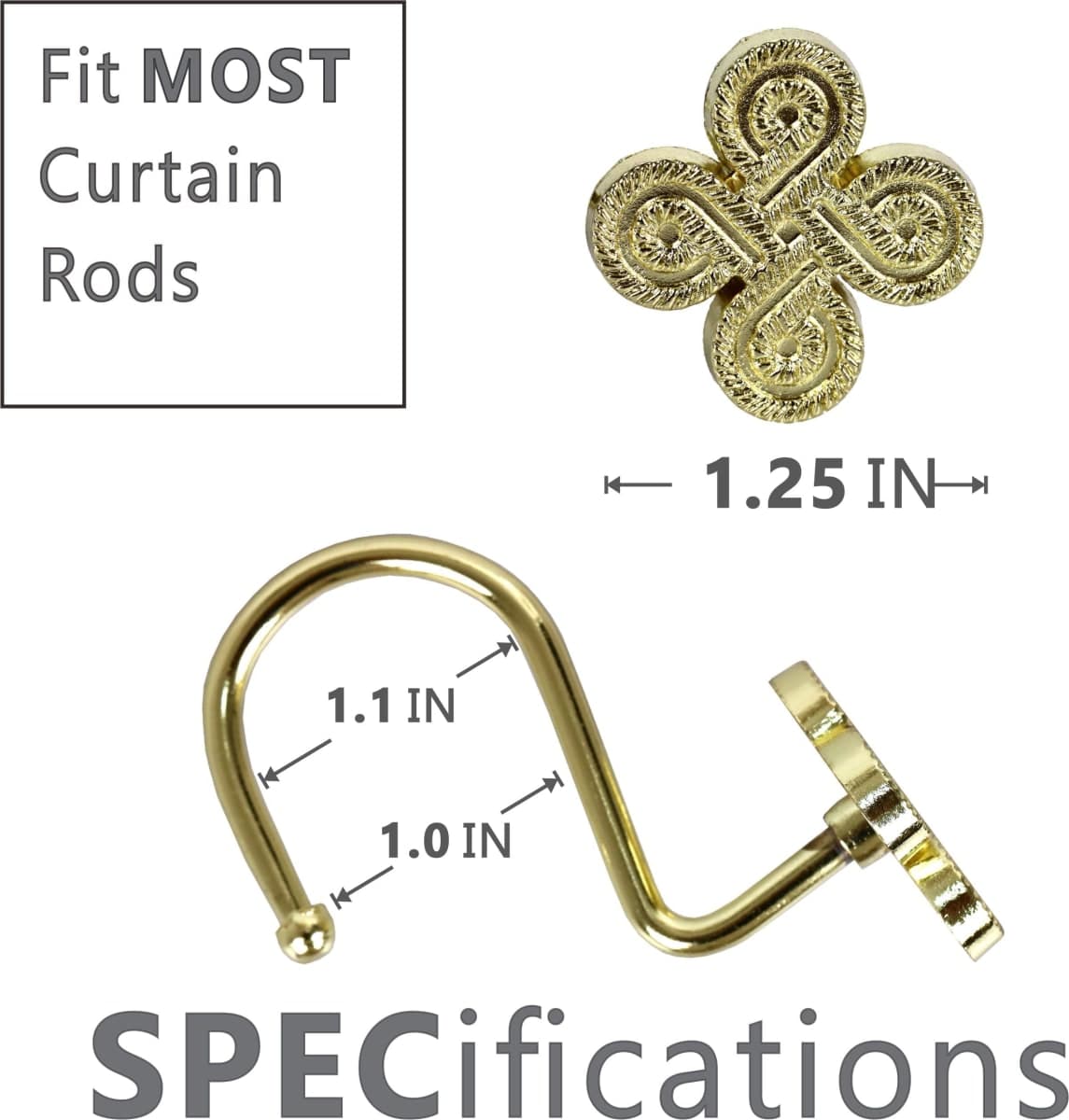 Gold Shower Curtain Hooks Rings: Rust Proof Metal Shower Hooks for Bathroom - Flower Clover Designed Decorative Curtain Rings Hangers for Shower Rod - Set of 12 thumbnail 5