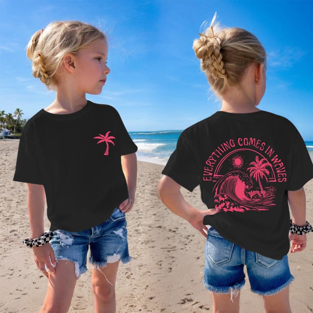 QISSYILY Girls Palm Tree Graphic Tees Beach Hawaiian Cotton T Shirts Tropical Ocean Vibes Outfits Cute Preppy Vacation Tops, Black, 9-10 Years thumbnail 2