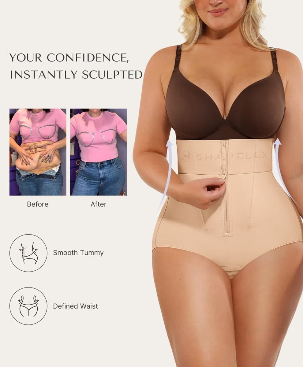SHAPELLX Women's Tummy Control Shapewear Wide Band High Waist Body Shaper Waist Cinchers Panty With Zipper, A2-beige, XX-Large thumbnail 2