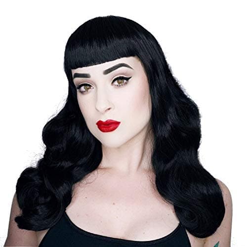 Morvally 50s Vintage Medium Length Black Wigs with Bangs | Natural Wavy Synthetic Hair Wig for Women Cosplay Halloween thumbnail 2