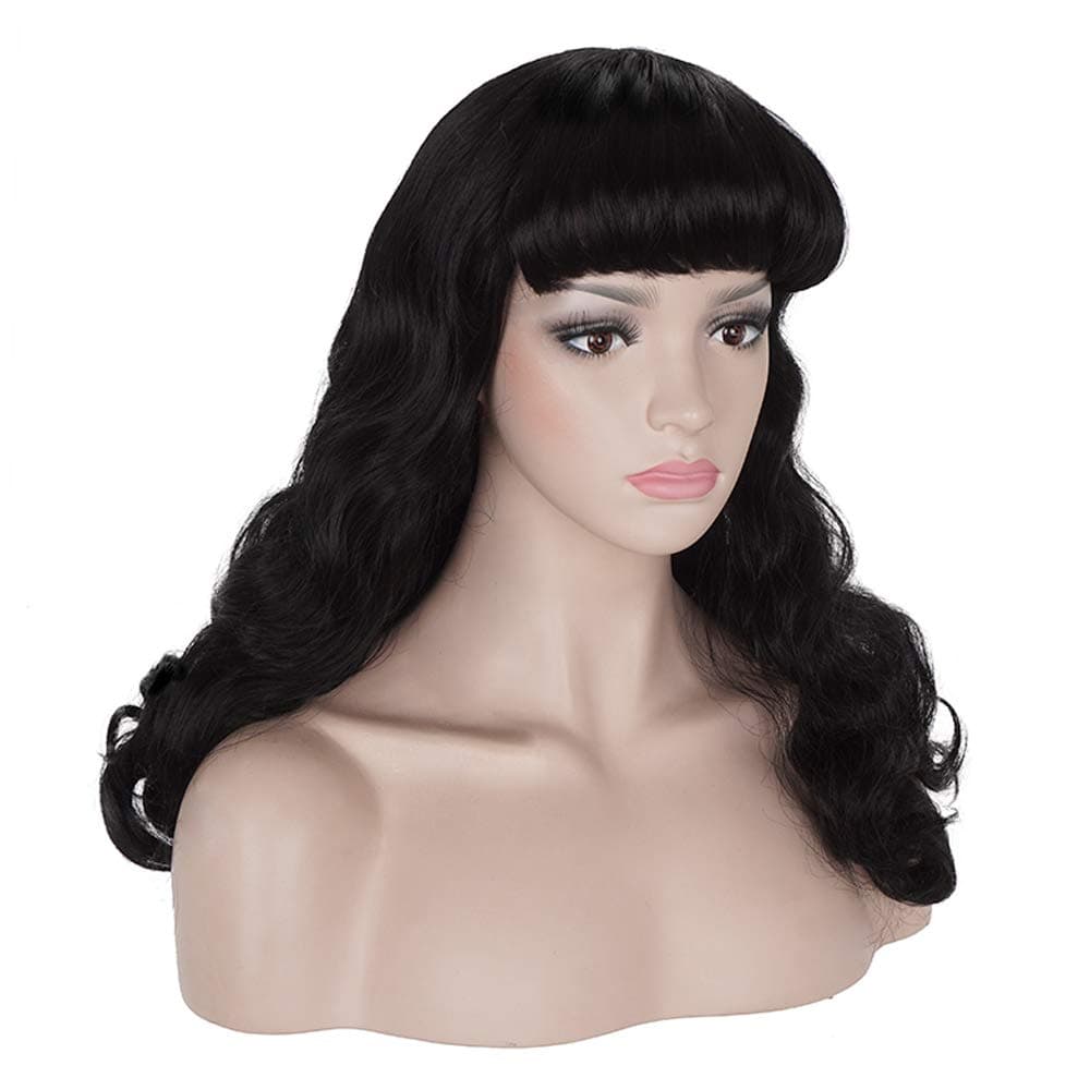 Morvally 50s Vintage Medium Length Black Wigs with Bangs | Natural Wavy Synthetic Hair Wig for Women Cosplay Halloween thumbnail 3
