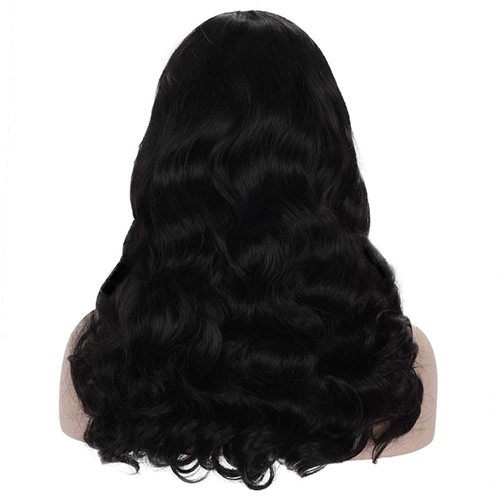 Morvally 50s Vintage Medium Length Black Wigs with Bangs | Natural Wavy Synthetic Hair Wig for Women Cosplay Halloween thumbnail 4