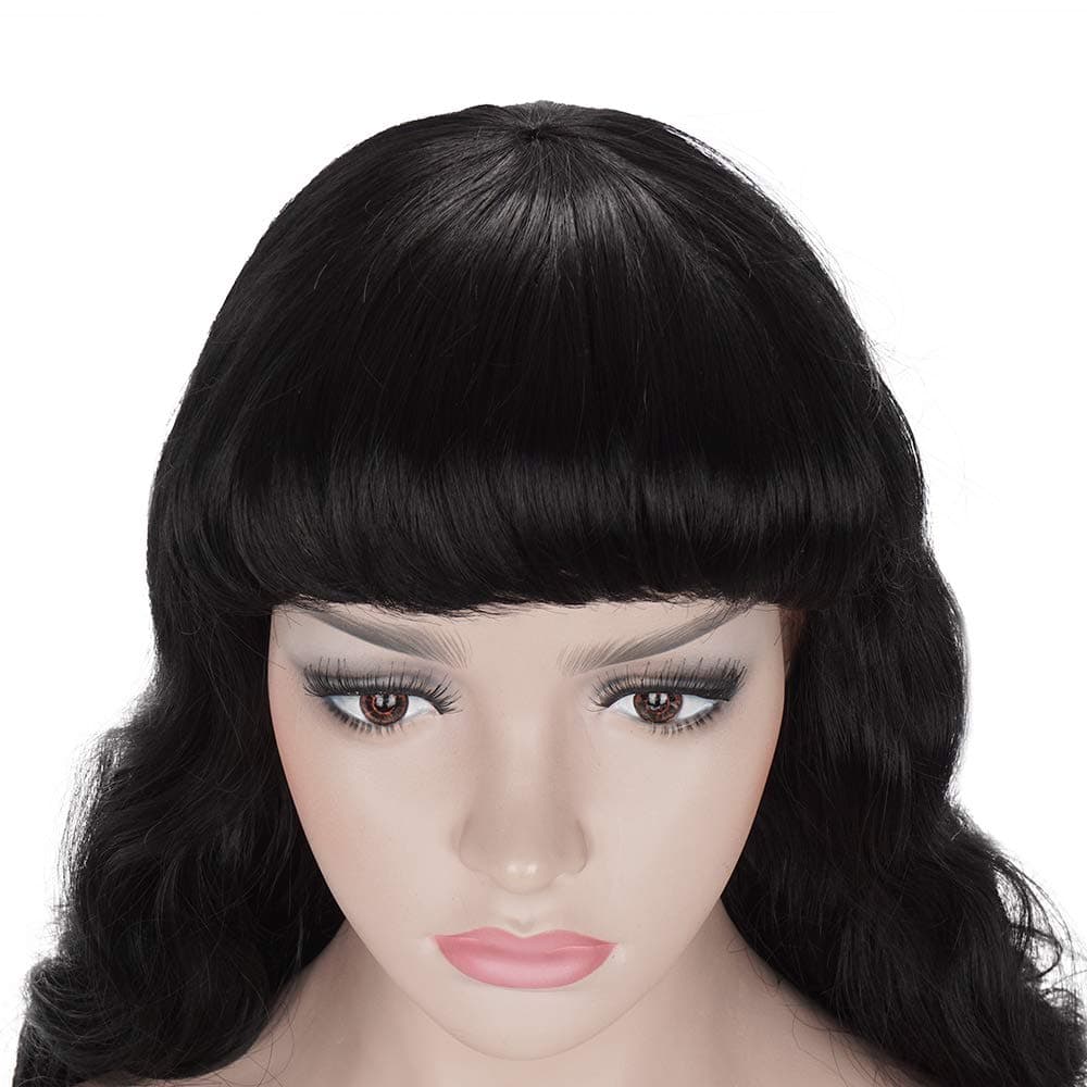 Morvally 50s Vintage Medium Length Black Wigs with Bangs | Natural Wavy Synthetic Hair Wig for Women Cosplay Halloween thumbnail 5