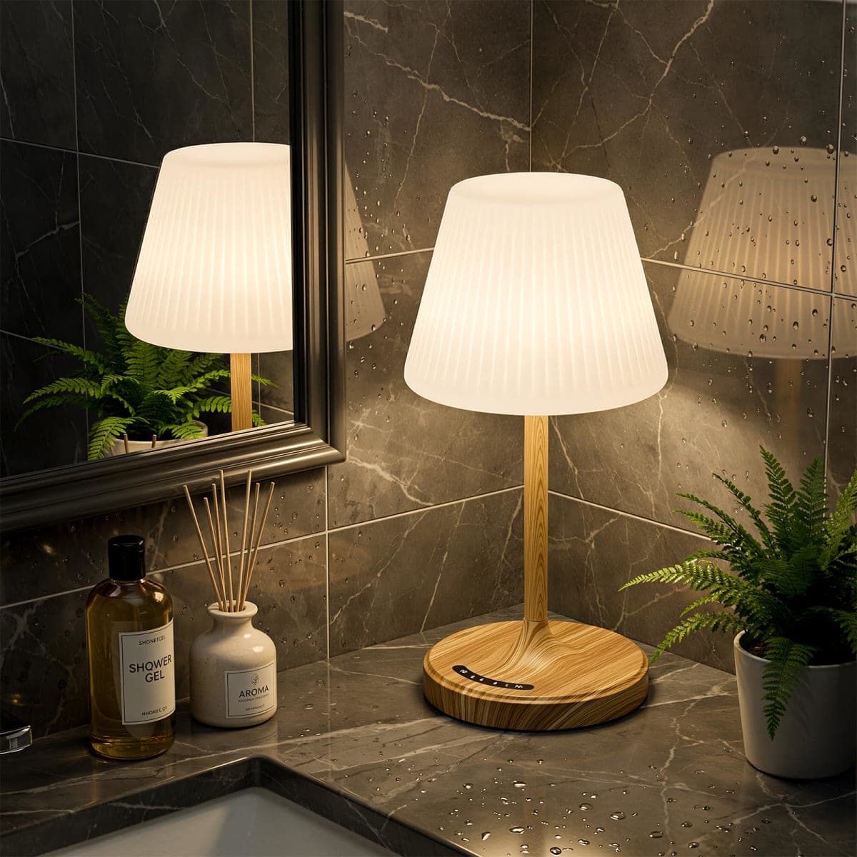 Cordless Table Lamp, Waterproof Shower Lamp, 4000mAh Rechargeable Table Lamps, 3-Color Dimmable Light, Battery Operated Lamp Desk Night Lamp for Bathroom Bedroom Patio Camping Restaurant (Wood Grain) — image 1