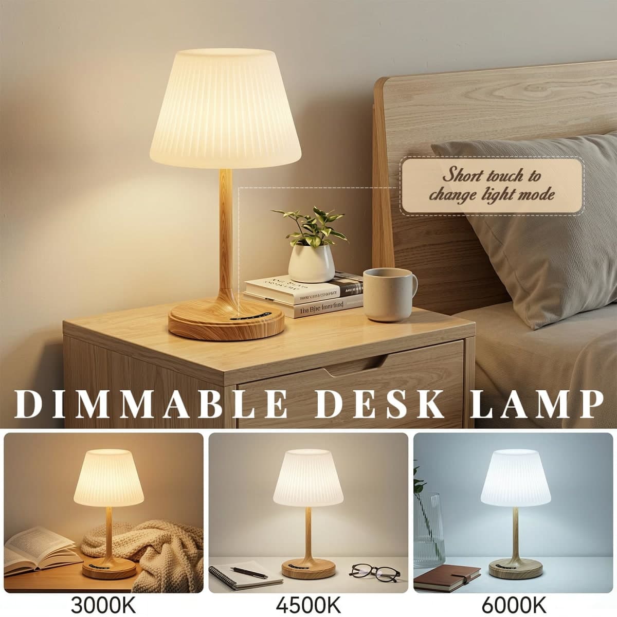 Cordless Table Lamp, Waterproof Shower Lamp, 4000mAh Rechargeable Table Lamps, 3-Color Dimmable Light, Battery Operated Lamp Desk Night Lamp for Bathroom Bedroom Patio Camping Restaurant (Wood Grain) thumbnail 3
