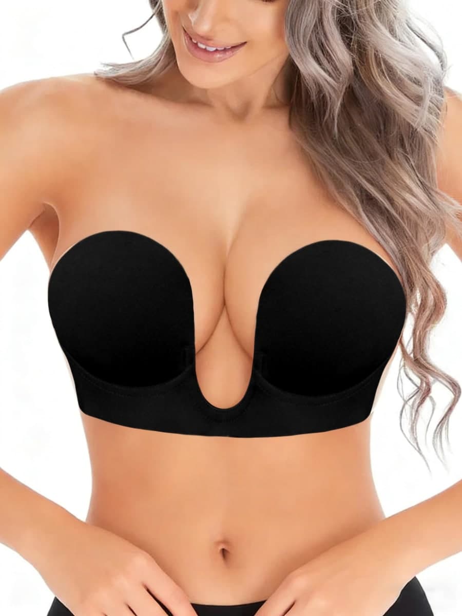 HiPiiy U-Shaped Invisible Bra，Women Sticky Push Up Backless Strapless Deep Plunge Invisible Padded Self Adhesive Bras (US, D, Black) — image 1