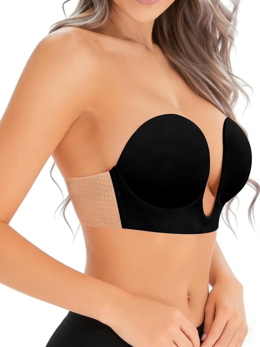 HiPiiy U-Shaped Invisible Bra，Women Sticky Push Up Backless Strapless Deep Plunge Invisible Padded Self Adhesive Bras (US, D, Black) thumbnail 2