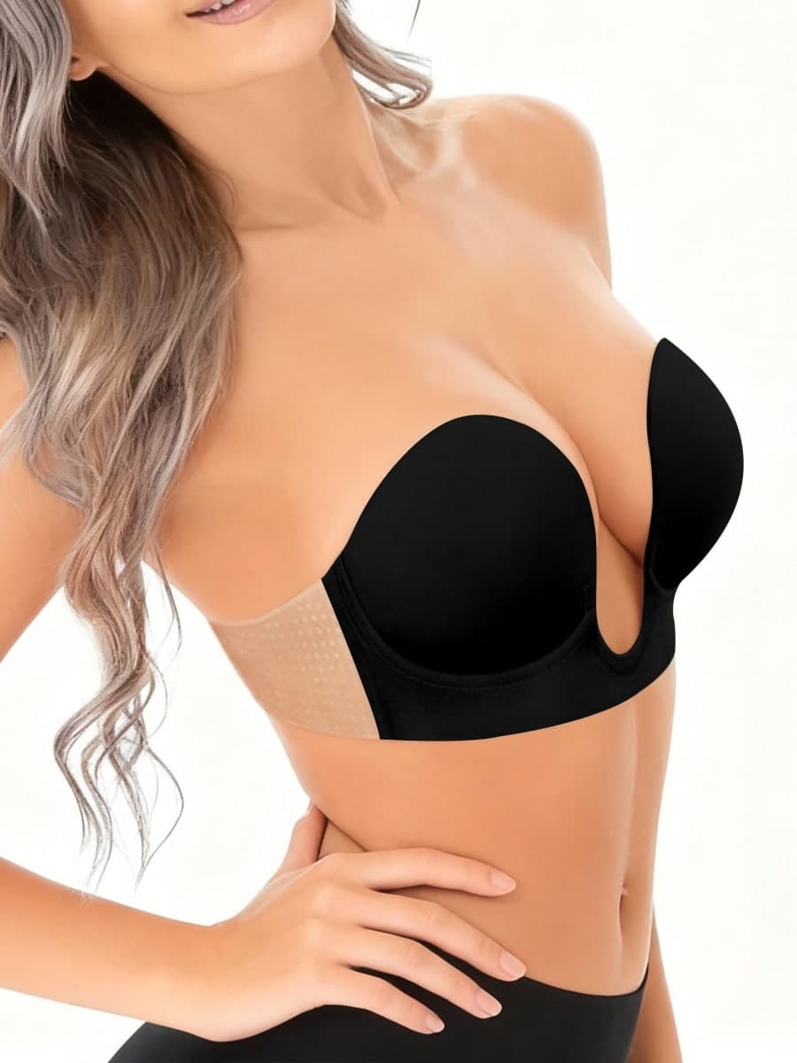 HiPiiy U-Shaped Invisible Bra，Women Sticky Push Up Backless Strapless Deep Plunge Invisible Padded Self Adhesive Bras (US, D, Black) thumbnail 3
