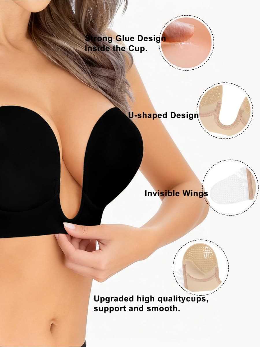 HiPiiy U-Shaped Invisible Bra，Women Sticky Push Up Backless Strapless Deep Plunge Invisible Padded Self Adhesive Bras (US, D, Black) thumbnail 4