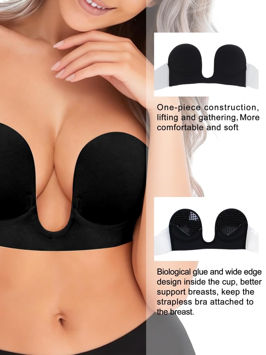 HiPiiy U-Shaped Invisible Bra，Women Sticky Push Up Backless Strapless Deep Plunge Invisible Padded Self Adhesive Bras (US, D, Black) thumbnail 5