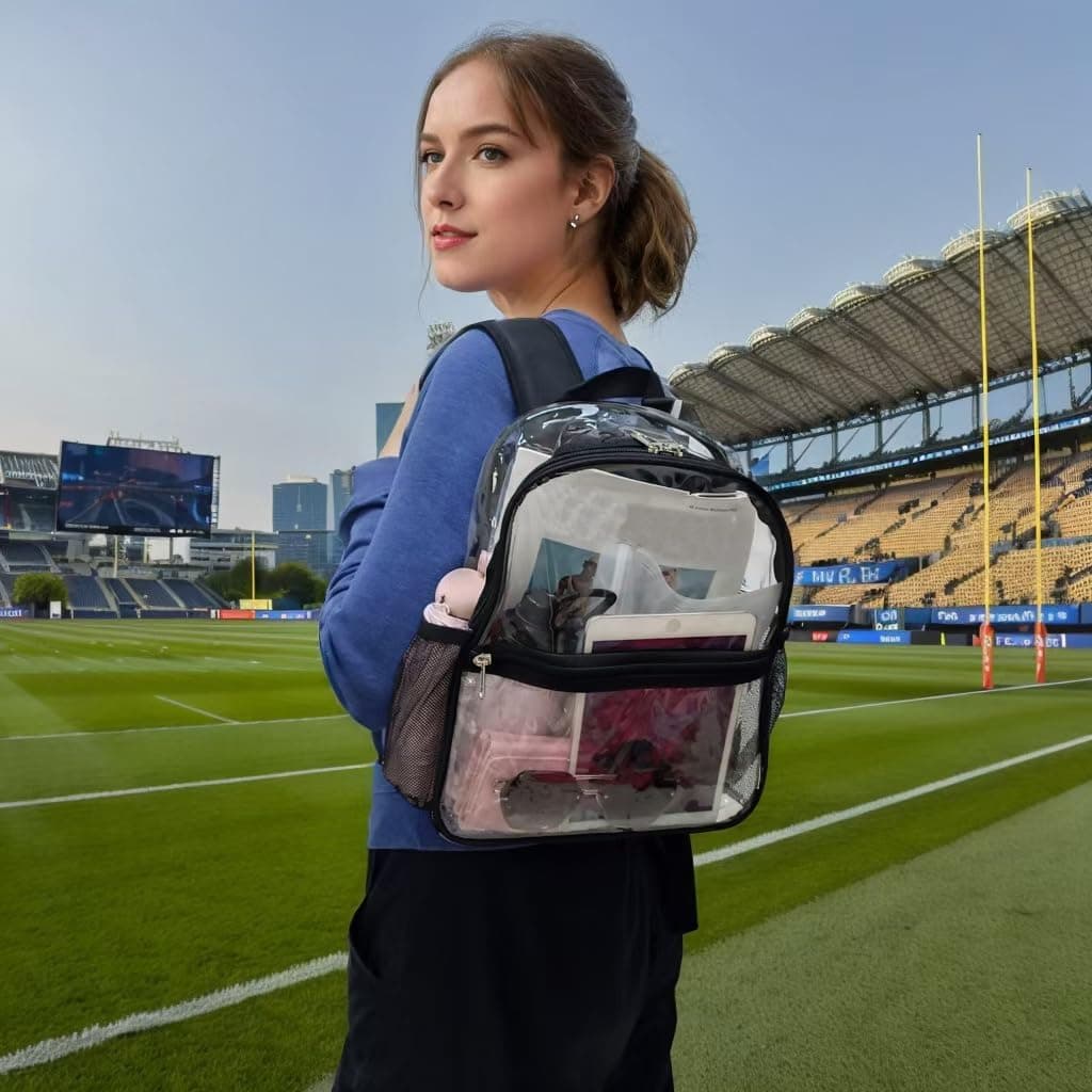 Fammart Clear Backpack Stadium Approved, Kids & Small Adult Transparent Bag for School, Work, Sports, Concerts, Black, 10.6" L x 6" W x 12" H thumbnail 2