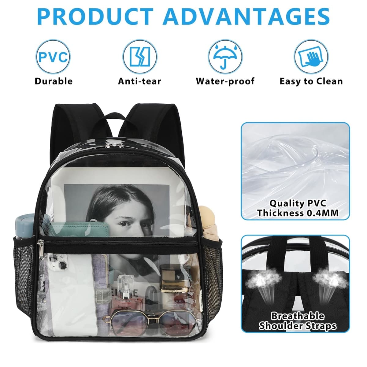 Fammart Clear Backpack Stadium Approved, Kids & Small Adult Transparent Bag for School, Work, Sports, Concerts, Black, 10.6" L x 6" W x 12" H thumbnail 3