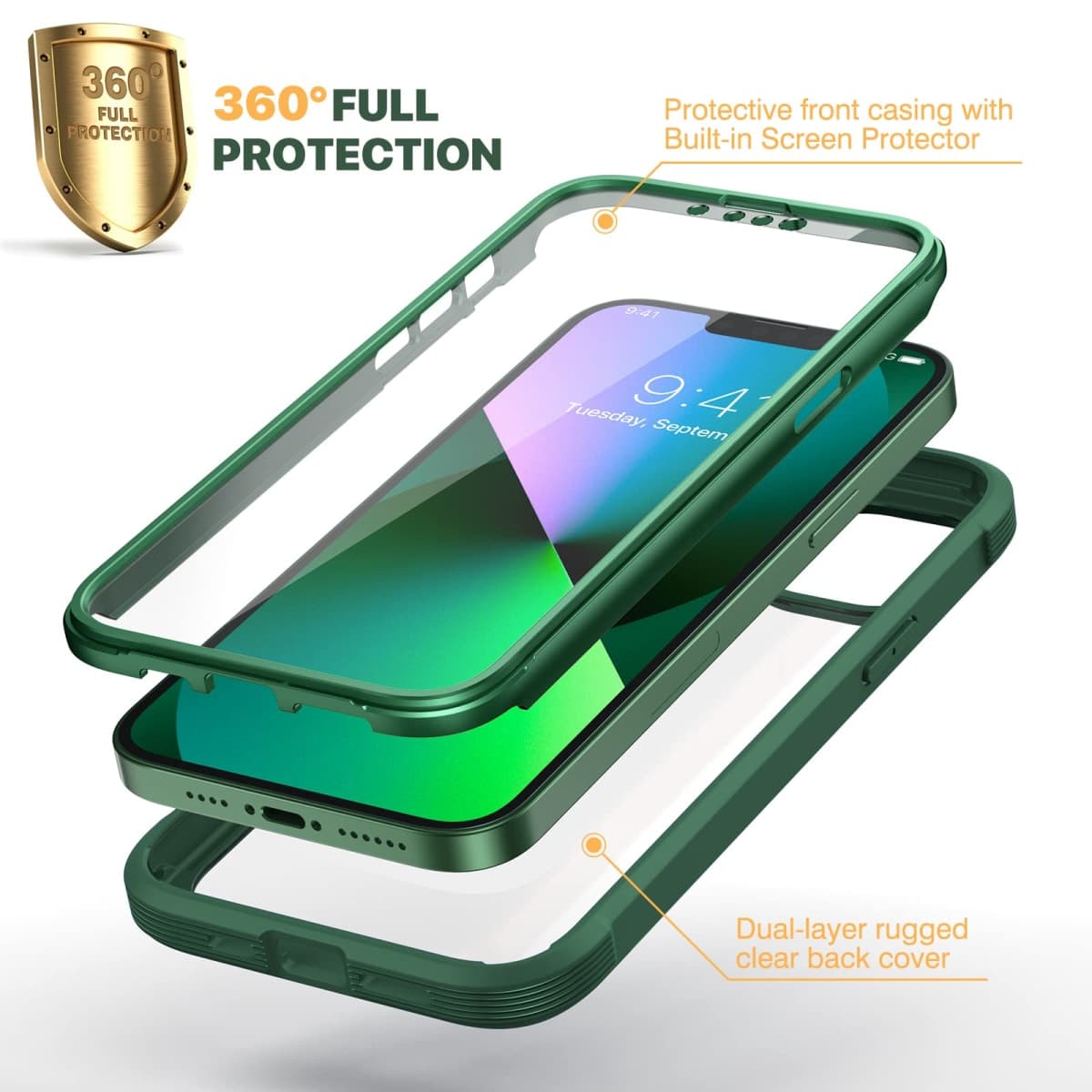 Diaclara Designed for iPhone 13 Case, Full Body Rugged TPU Bumper Case with Built-in Screen Protector, Extra Screen & Camera Protection, Wireless Charging Compatible, Green thumbnail 2