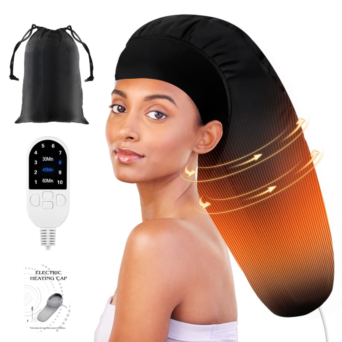 Heated Cap for Deep Conditioning: Upgraded Extra Large 10-Level Fast Heating 3 Time Settings Hair Steamer Cap for Natural Black Hair Portable Thermal Steam Cap for Home Hair Treatment - Deep Black — image 1