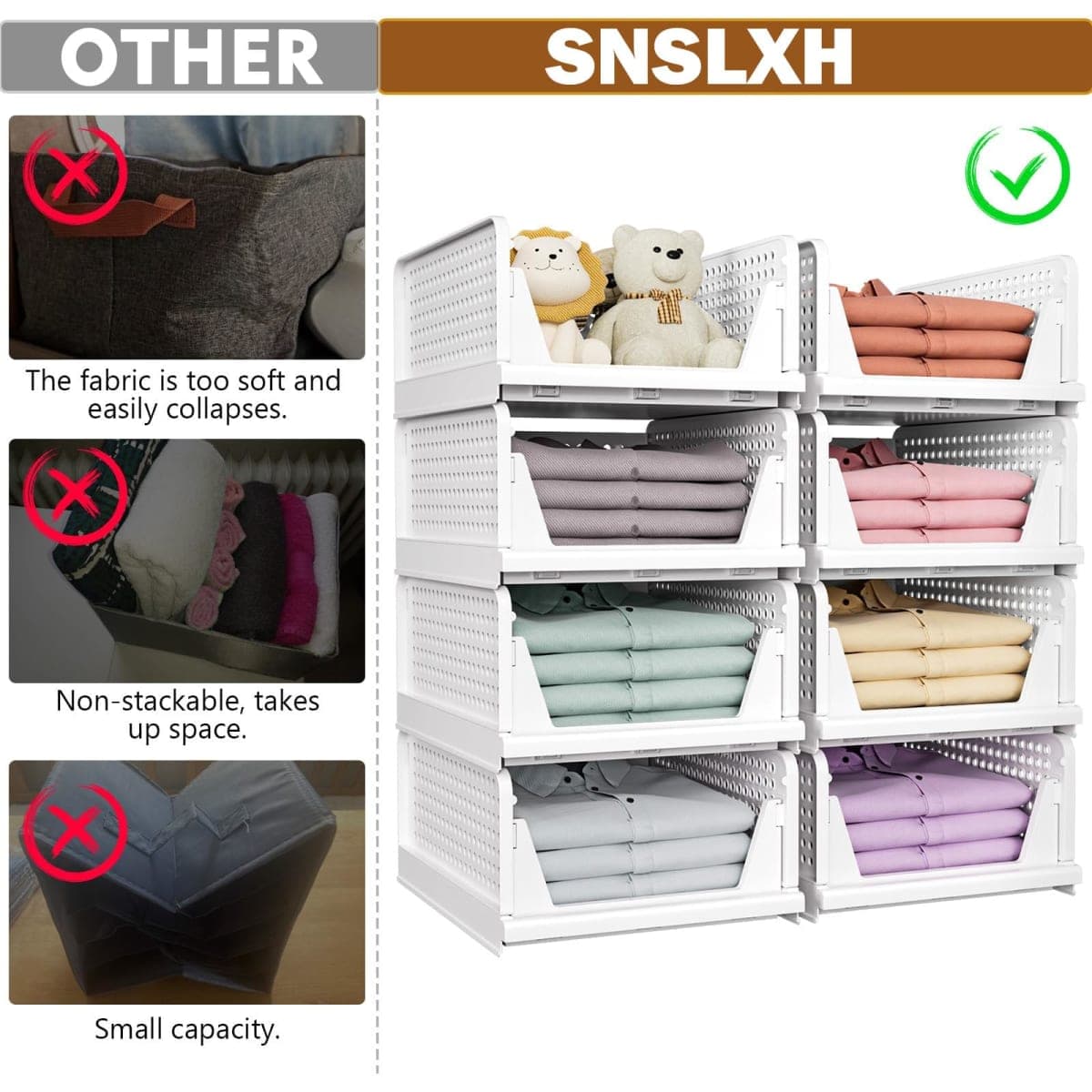 SNSLXH 5 Pack White Stackable Closet Organizer Box, Multifunctional & Foldable Storage Basket for Bathroom, Kitchen, Laundry Room, Wardrobe, Space-Saving Clothes Storage Drawer Organizer thumbnail 2