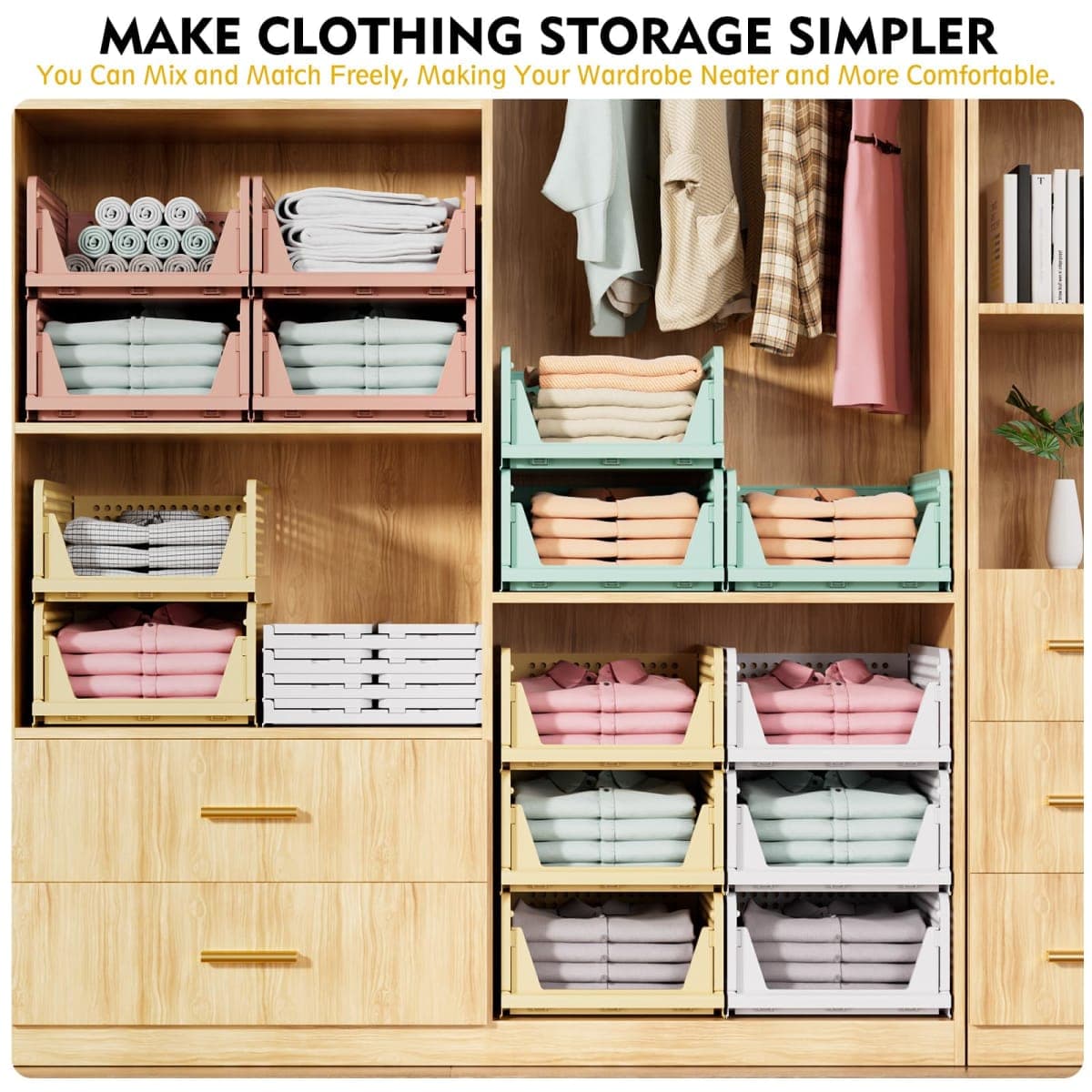 SNSLXH 5 Pack White Stackable Closet Organizer Box, Multifunctional & Foldable Storage Basket for Bathroom, Kitchen, Laundry Room, Wardrobe, Space-Saving Clothes Storage Drawer Organizer thumbnail 4