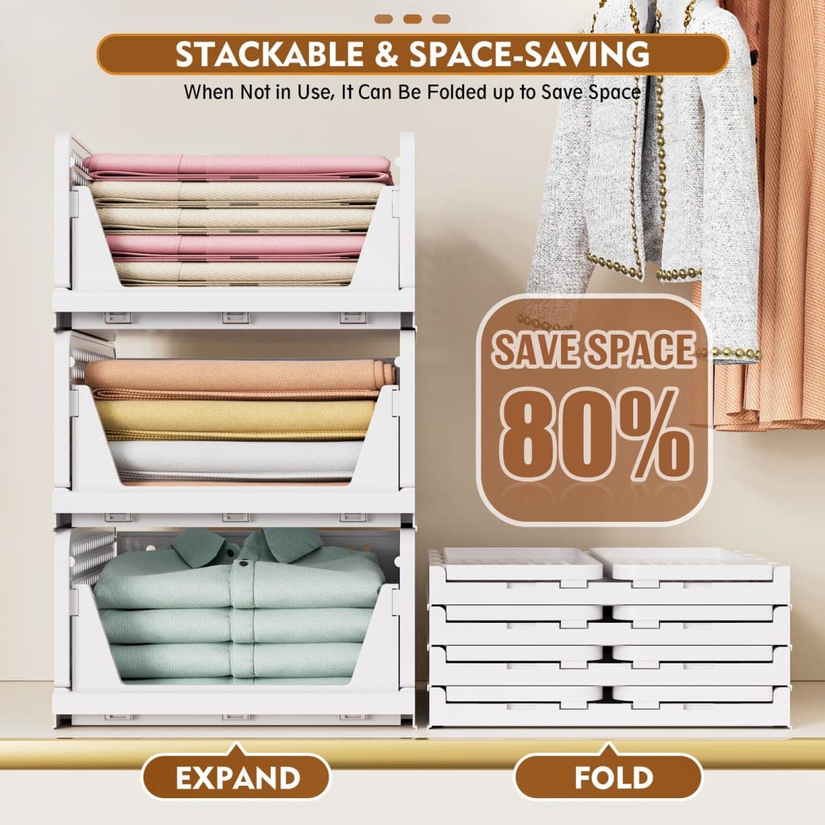 SNSLXH 5 Pack White Stackable Closet Organizer Box, Multifunctional & Foldable Storage Basket for Bathroom, Kitchen, Laundry Room, Wardrobe, Space-Saving Clothes Storage Drawer Organizer thumbnail 5