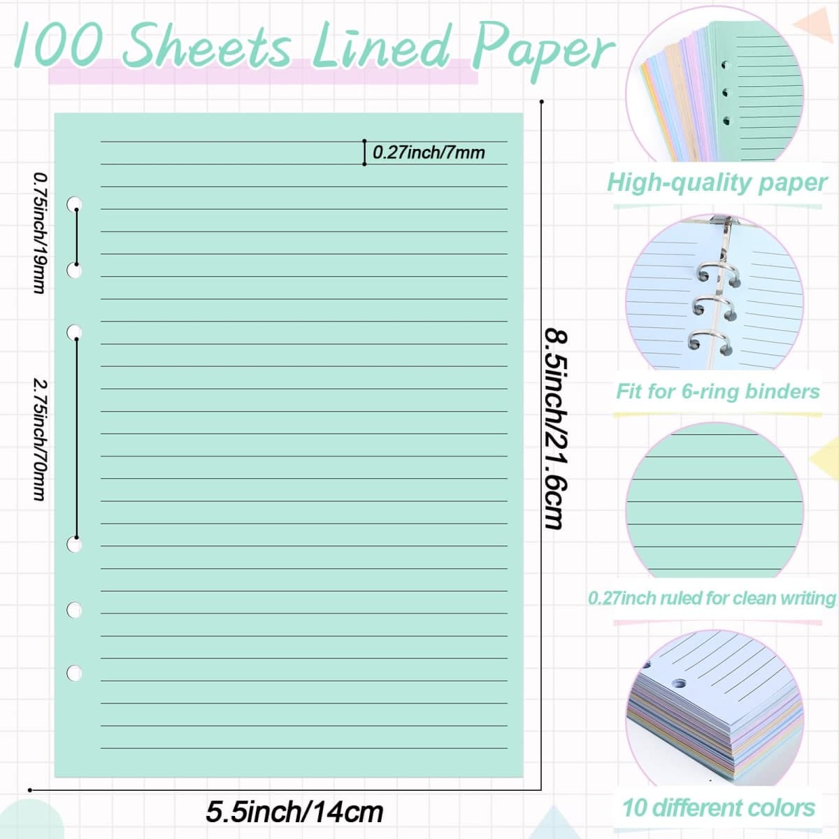 100 Sheets 6-Hole Lined Refills Paper 5.8" x 8.5" Loose Leaf Papers 10 Colorful Line Paper for mini 6 Ring Binders Junior Size Notebooks for Office School Business Home thumbnail 2