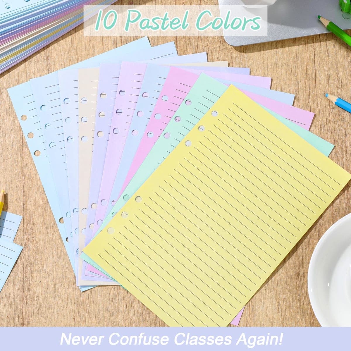 100 Sheets 6-Hole Lined Refills Paper 5.8" x 8.5" Loose Leaf Papers 10 Colorful Line Paper for mini 6 Ring Binders Junior Size Notebooks for Office School Business Home thumbnail 3