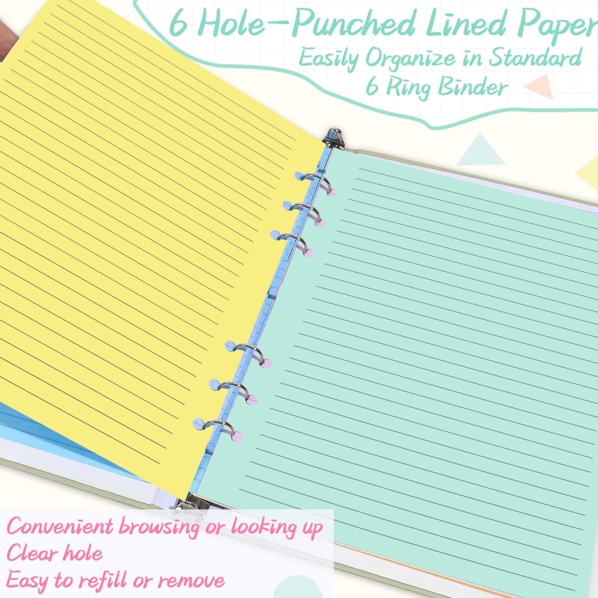 100 Sheets 6-Hole Lined Refills Paper 5.8" x 8.5" Loose Leaf Papers 10 Colorful Line Paper for mini 6 Ring Binders Junior Size Notebooks for Office School Business Home thumbnail 4