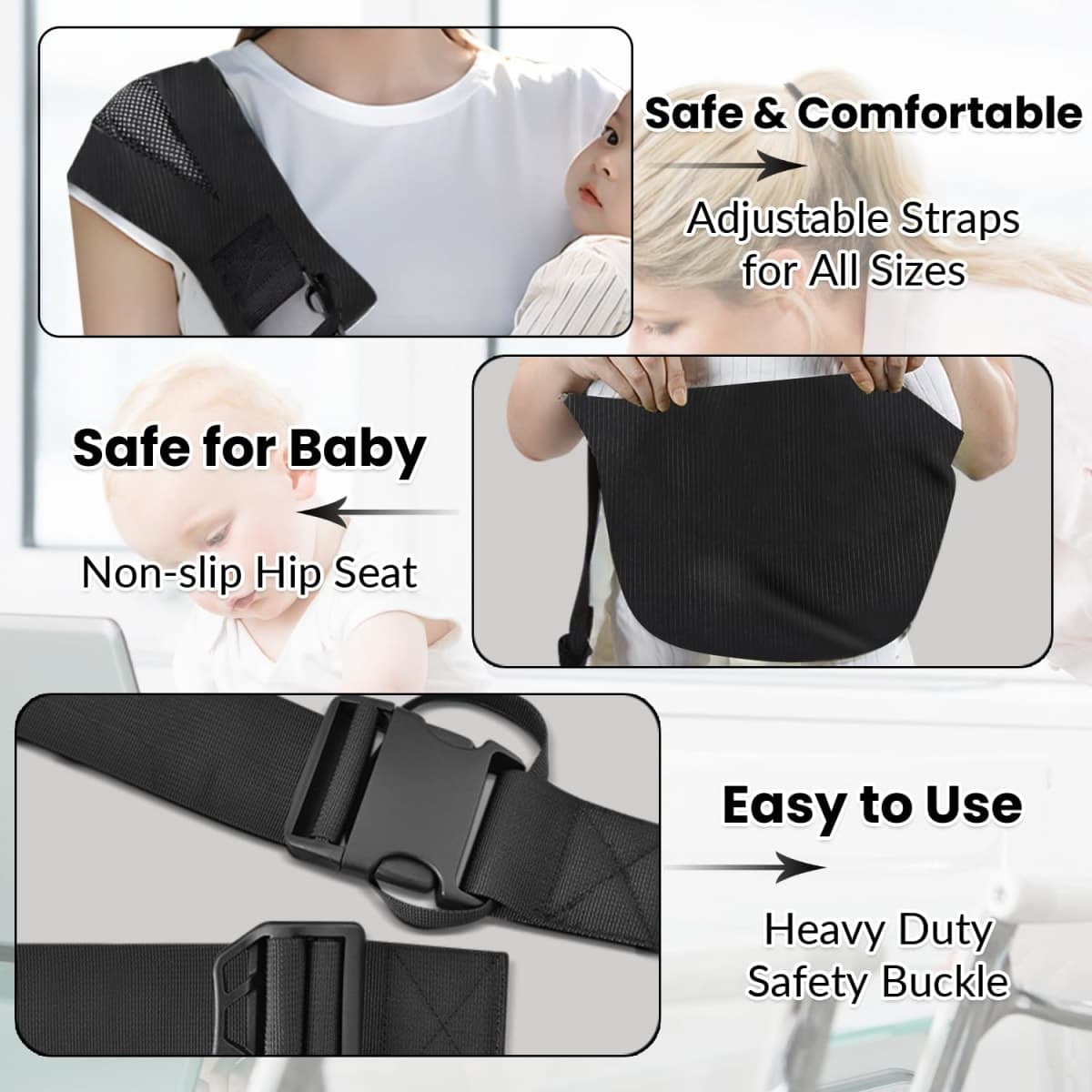 Baby Sling Carrier for Toddler, Baby Sling, Adjustable Front & Back with Non-Slip Hip Seat, Portable Lightweight & Breathable Ergonomic Design, Travel-Friendly Safe Carrier for 10-60 lbs (Black) thumbnail 5