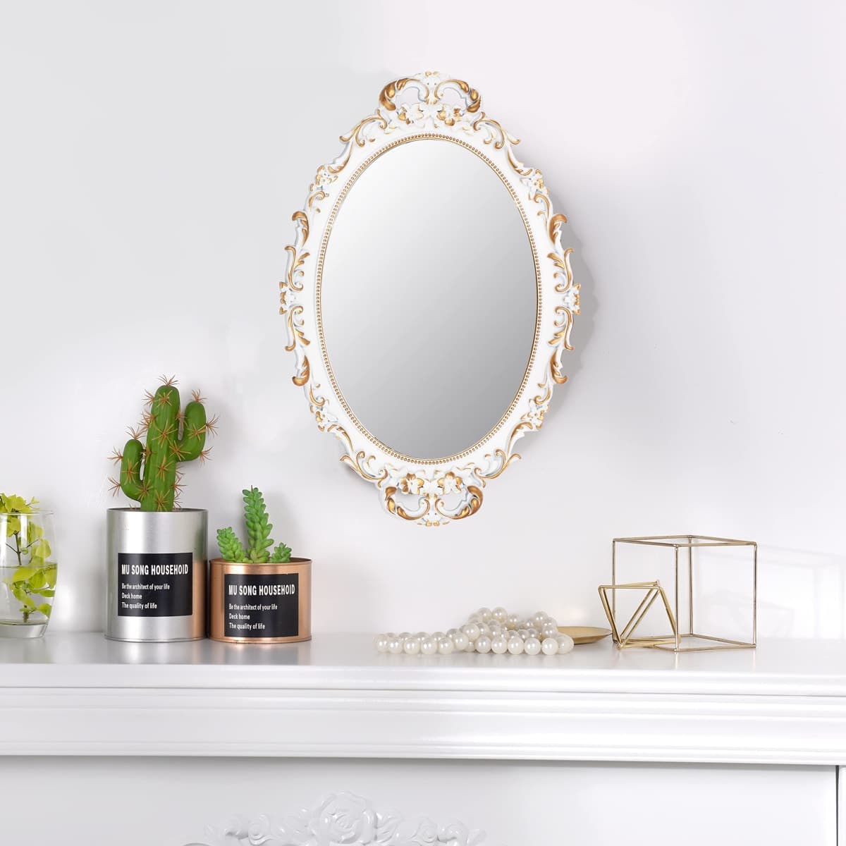 Tstarer Vintage Decorative White Framed Mirror, Small Oval Wall Hanging Mirror - 24.4cm W x 36.3cm L (White) thumbnail 2
